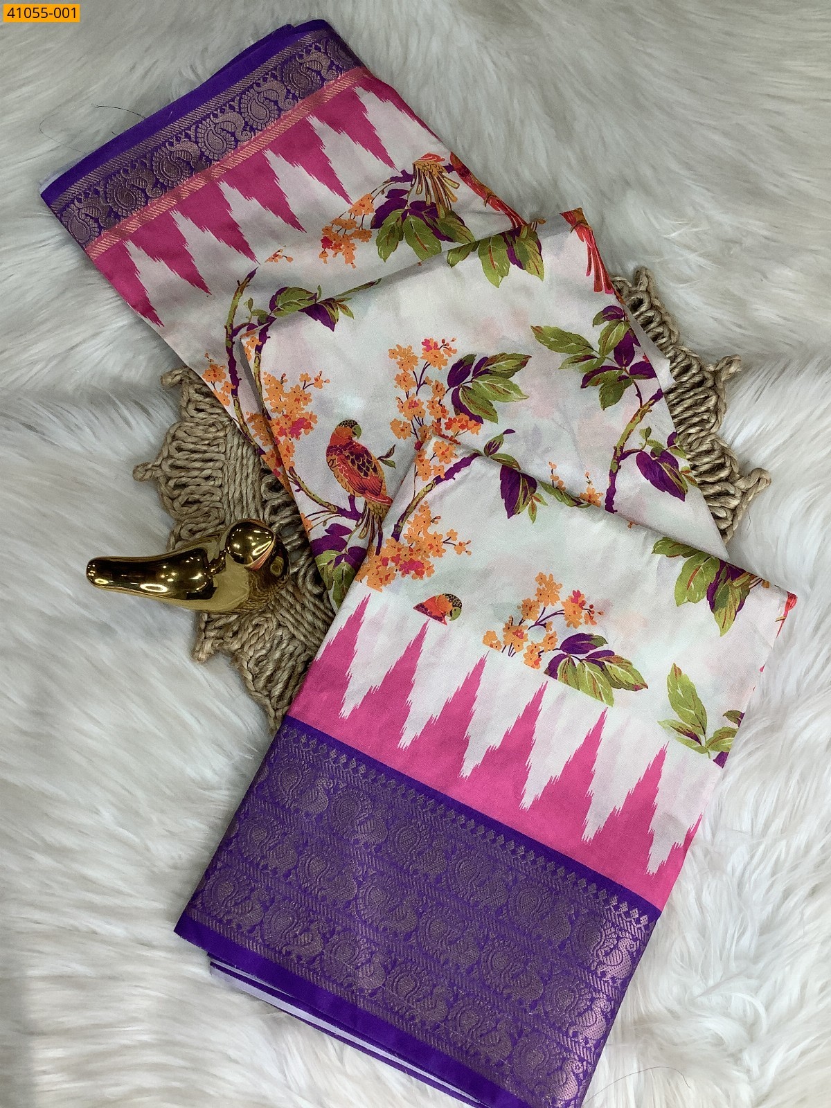 Cream Pochampally Printed Dola Silk Saree