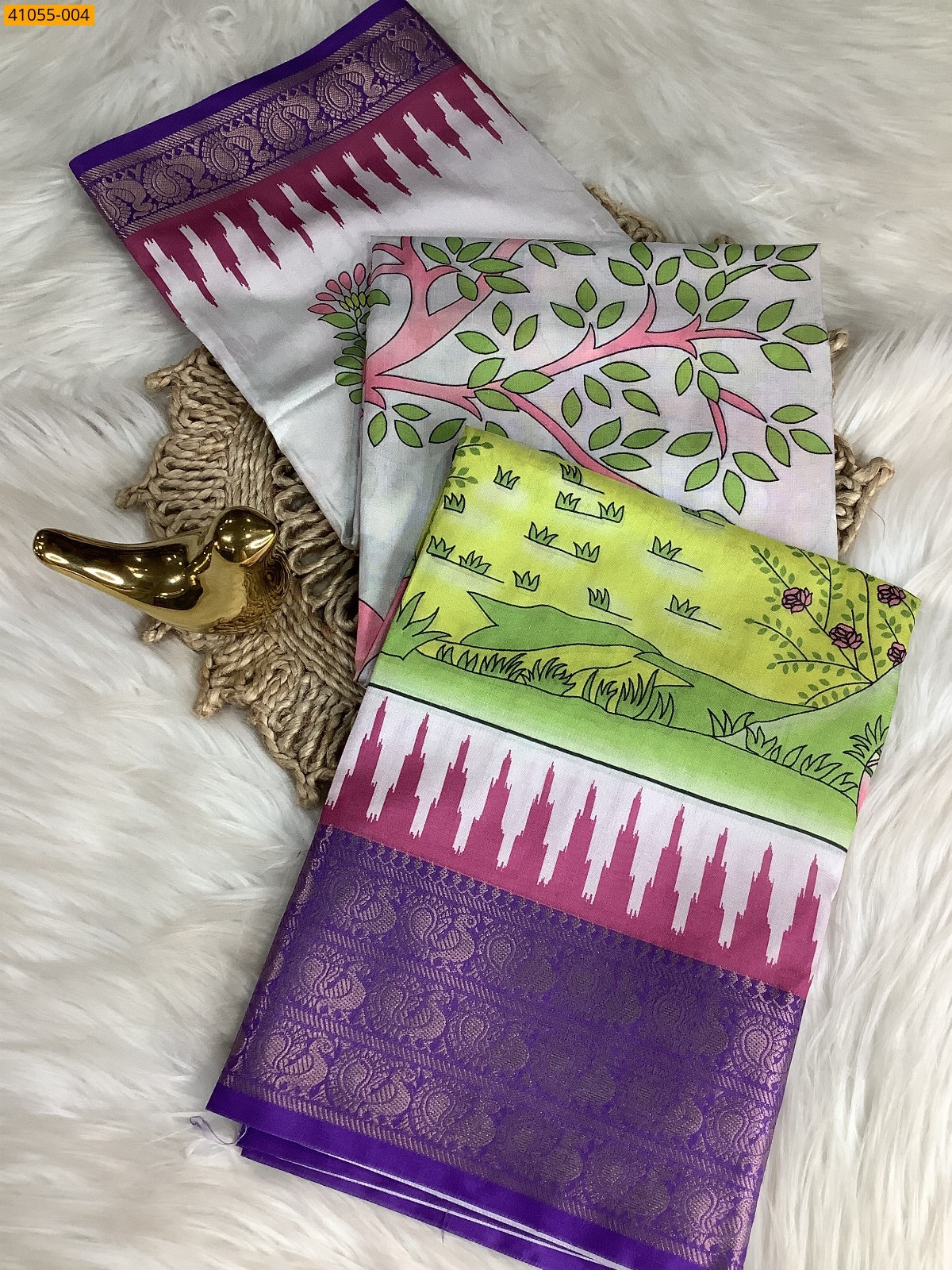 White With Green Pochampally Printed Dola Silk Saree