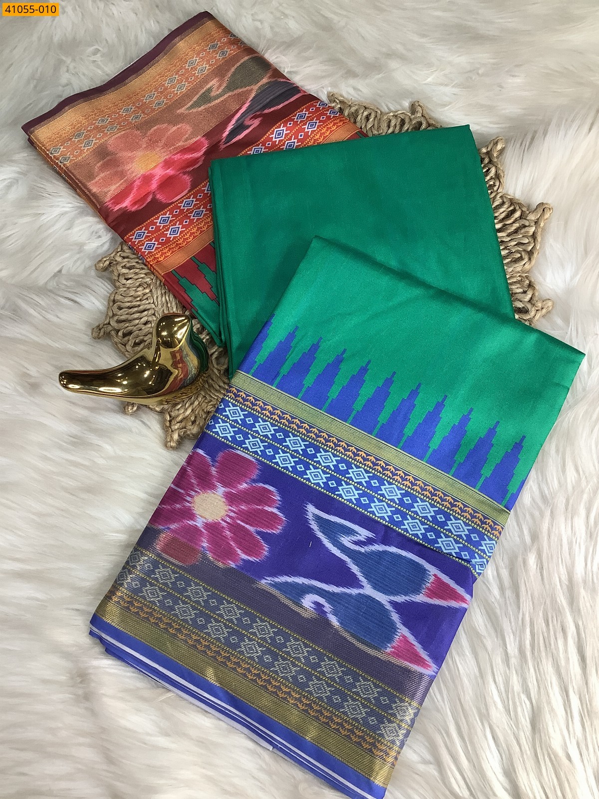 Dark Green Pochampally Printed Dola Silk Saree