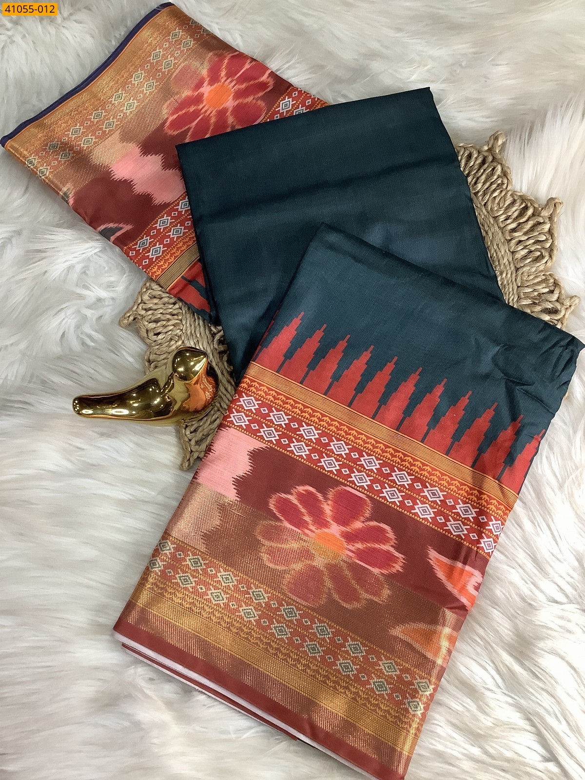 Dark Green Pochampally Printed Dola Silk Saree