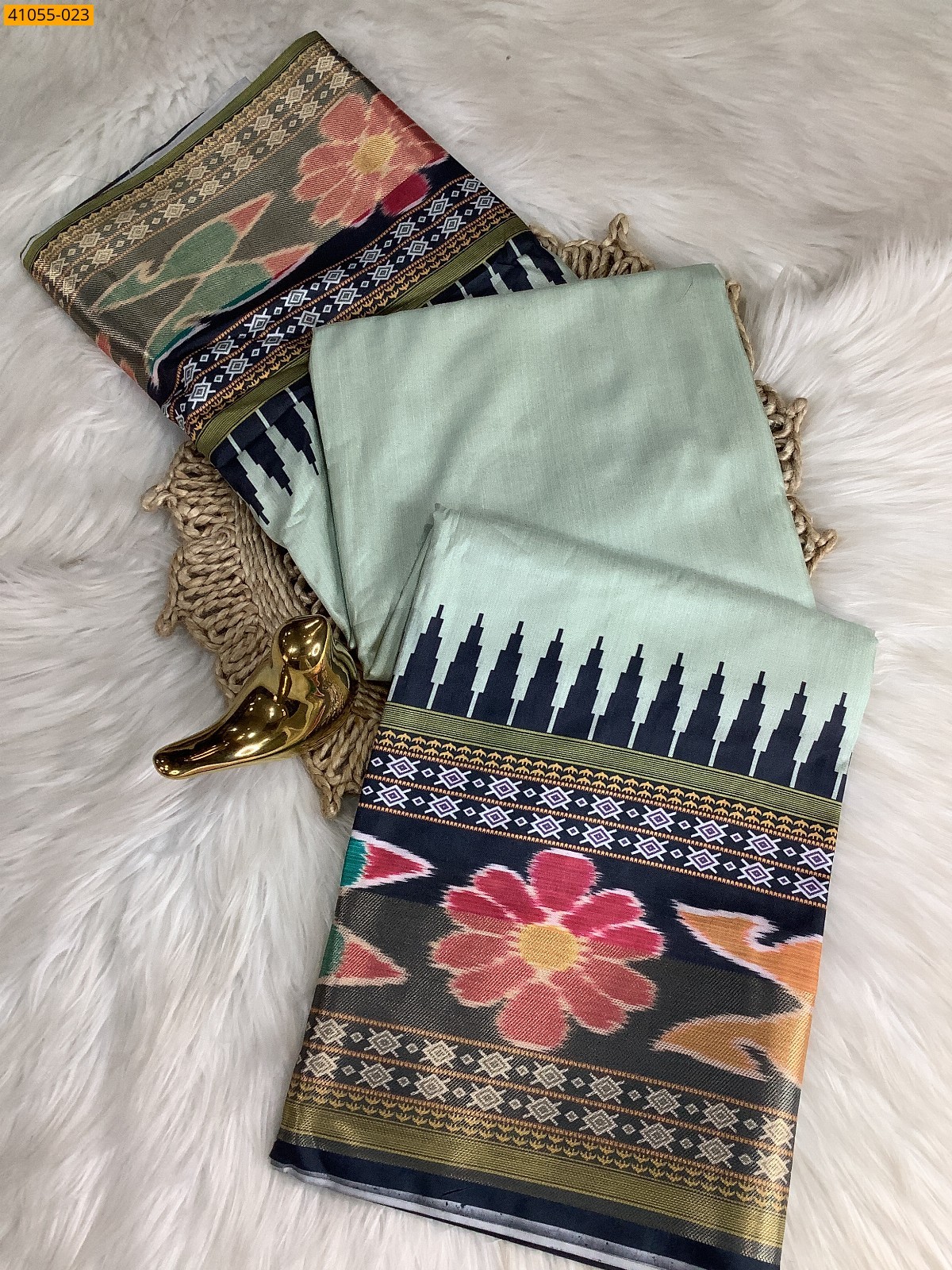 Dark Gray Pochampally Printed Dola Silk Saree