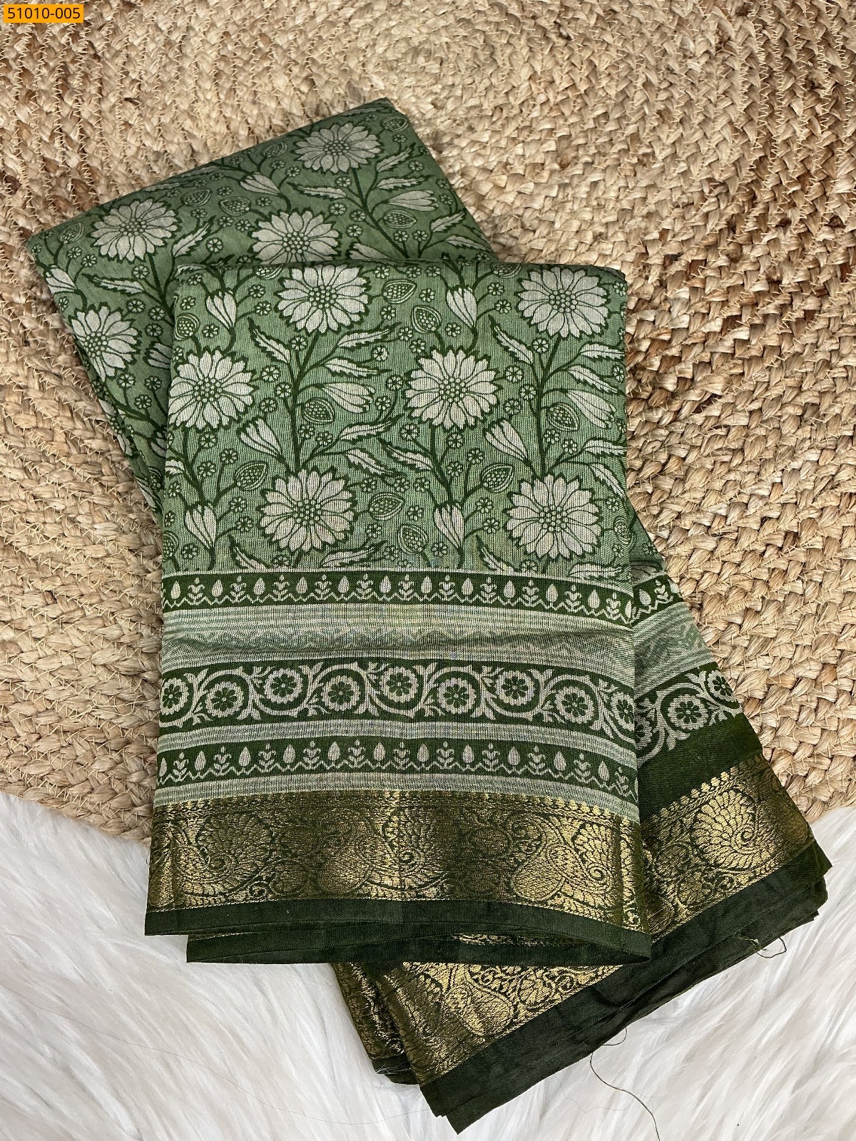 Green Fancy Mulmul Linen Saree 