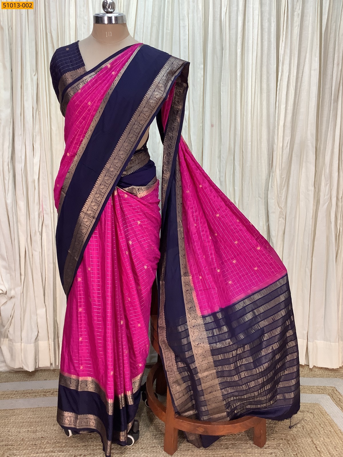 Pink Mysore Crepe Silk Checked Butta Saree