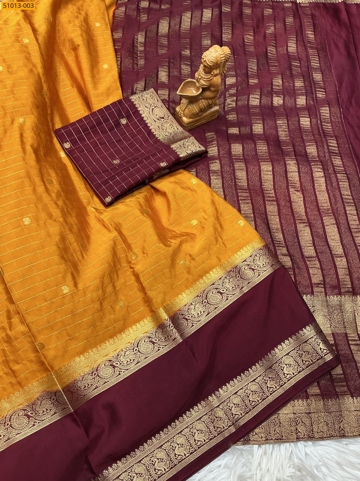Yellow Mysore Crepe Silk Checked Butta Saree
