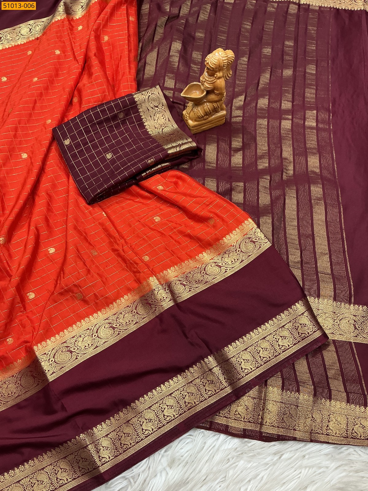 Orange Mysore Crepe Silk Checked Butta Saree