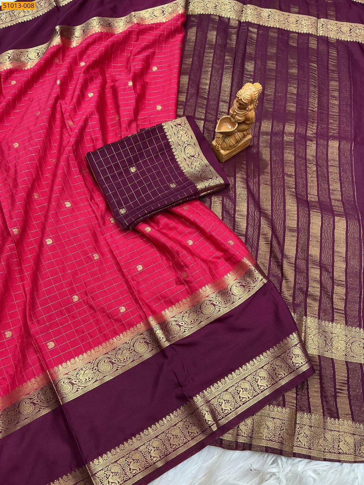 Pink Mysore Crepe Silk Checked Butta Saree