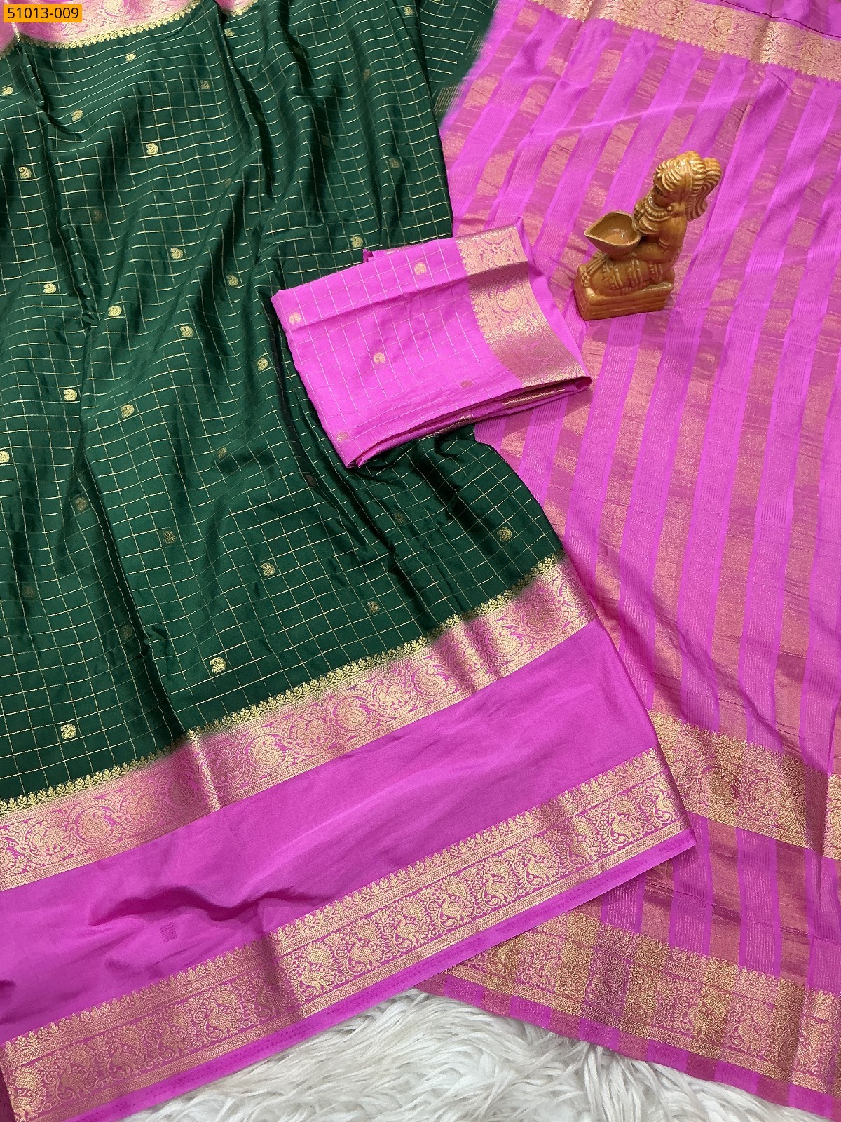 Dark Green Mysore Crepe Silk Checked Butta Saree