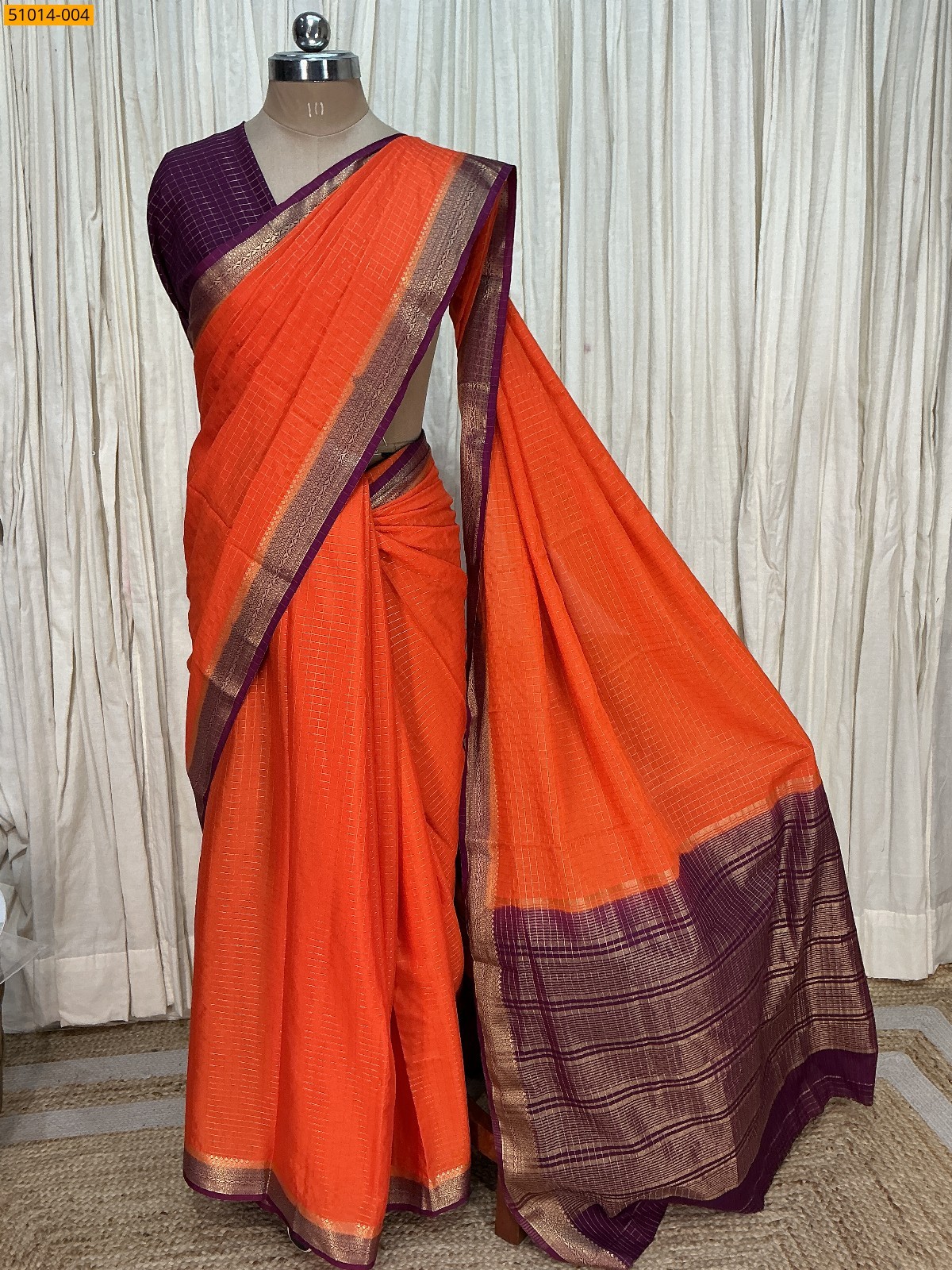 Orange Mysore Crepe Silk Checked Saree