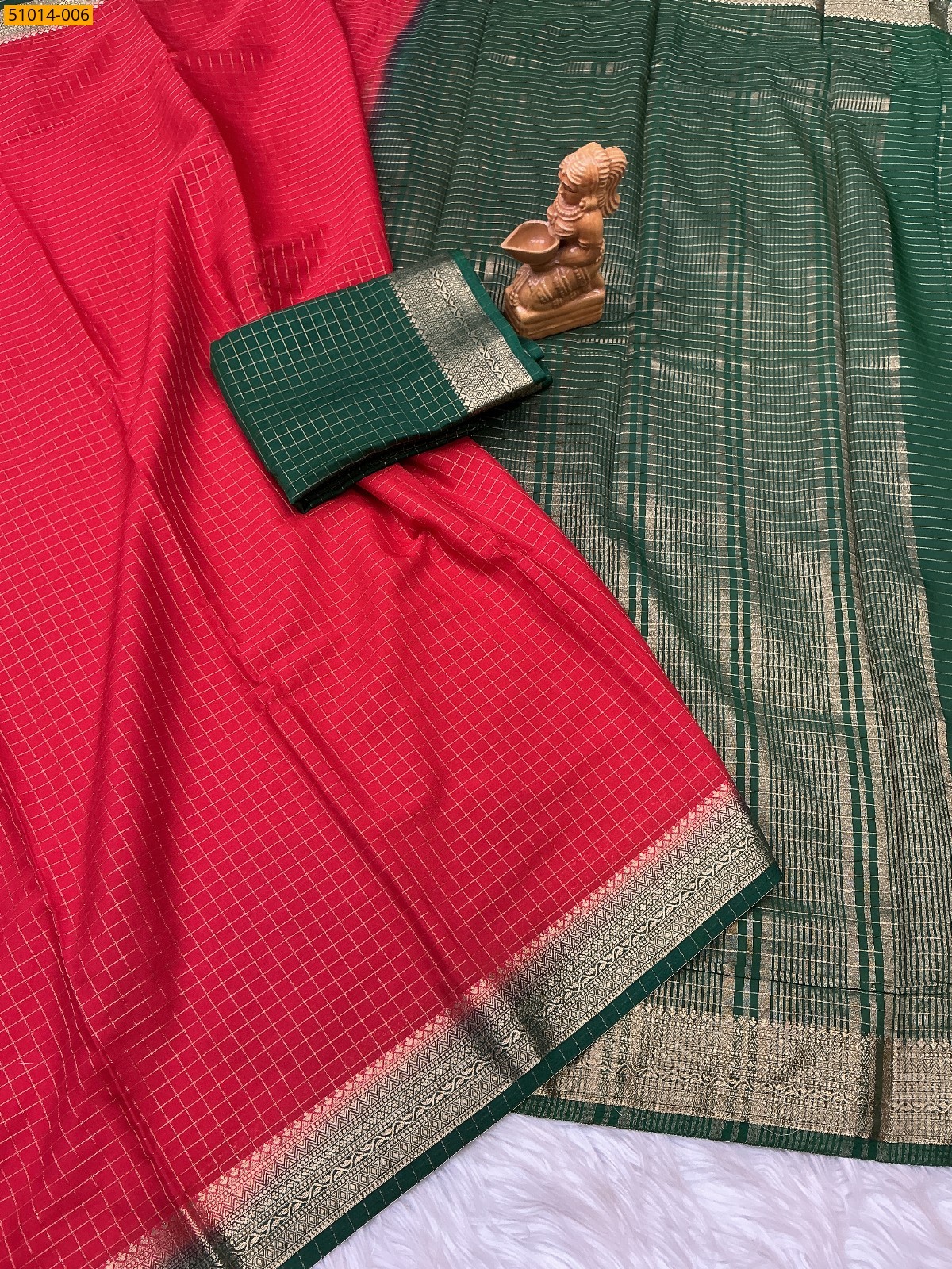 Red Mysore Crepe Silk Checked Saree