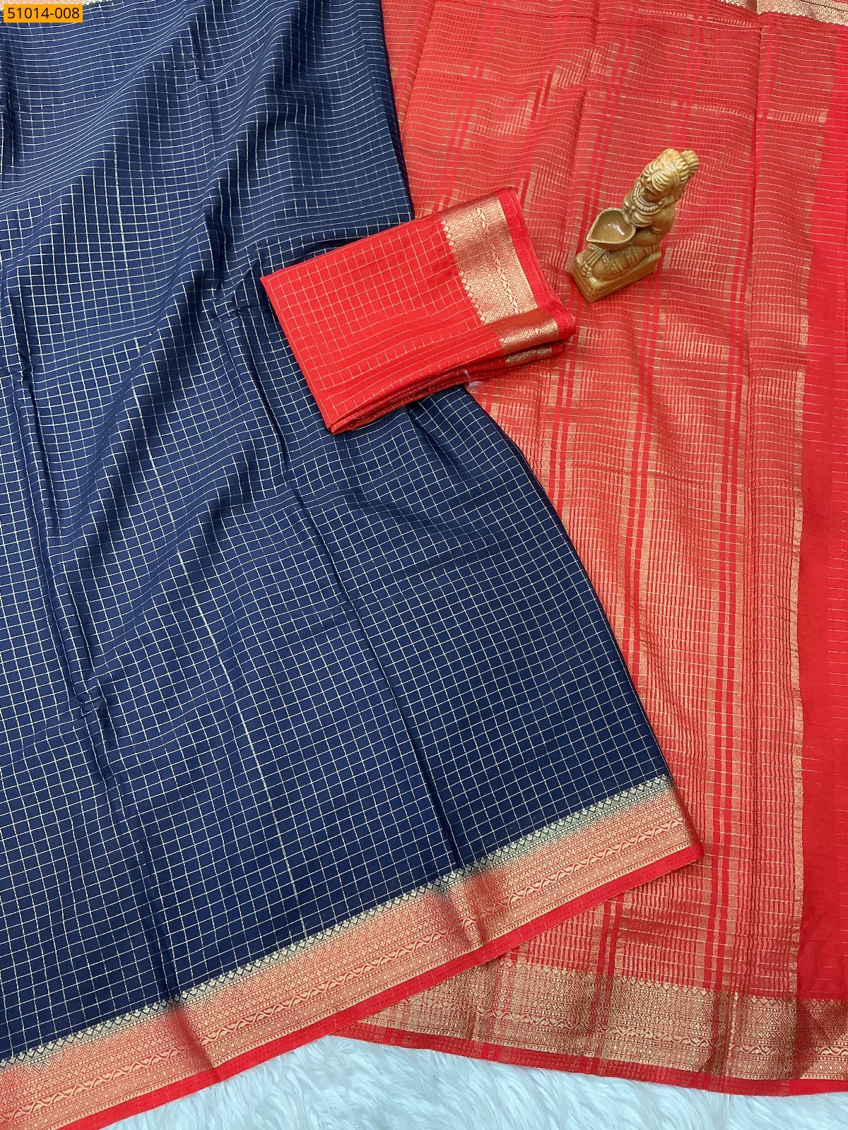 Navy Blue Mysore Crepe Silk Checked Saree