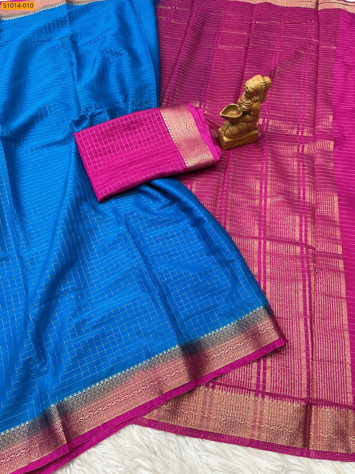 Blue Mysore Crepe Silk Checked Saree