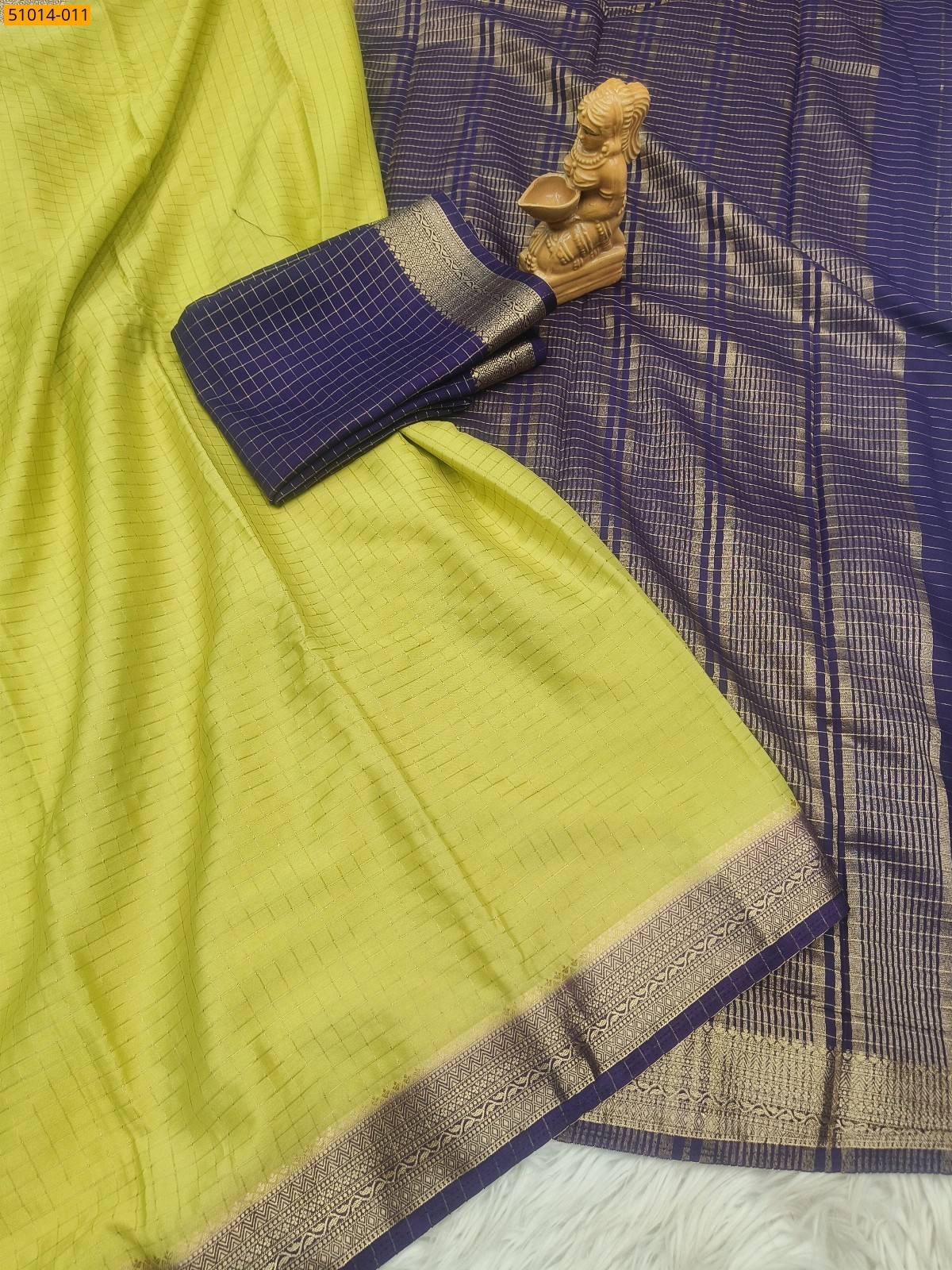 Mustard Green Mysore Crepe Silk Checked Saree