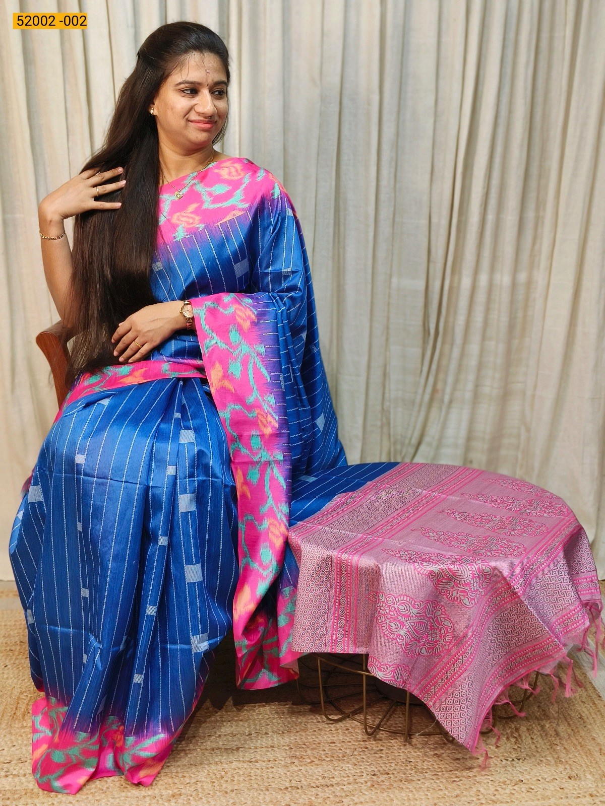 Blue Printed Linen Jute Silk Saree