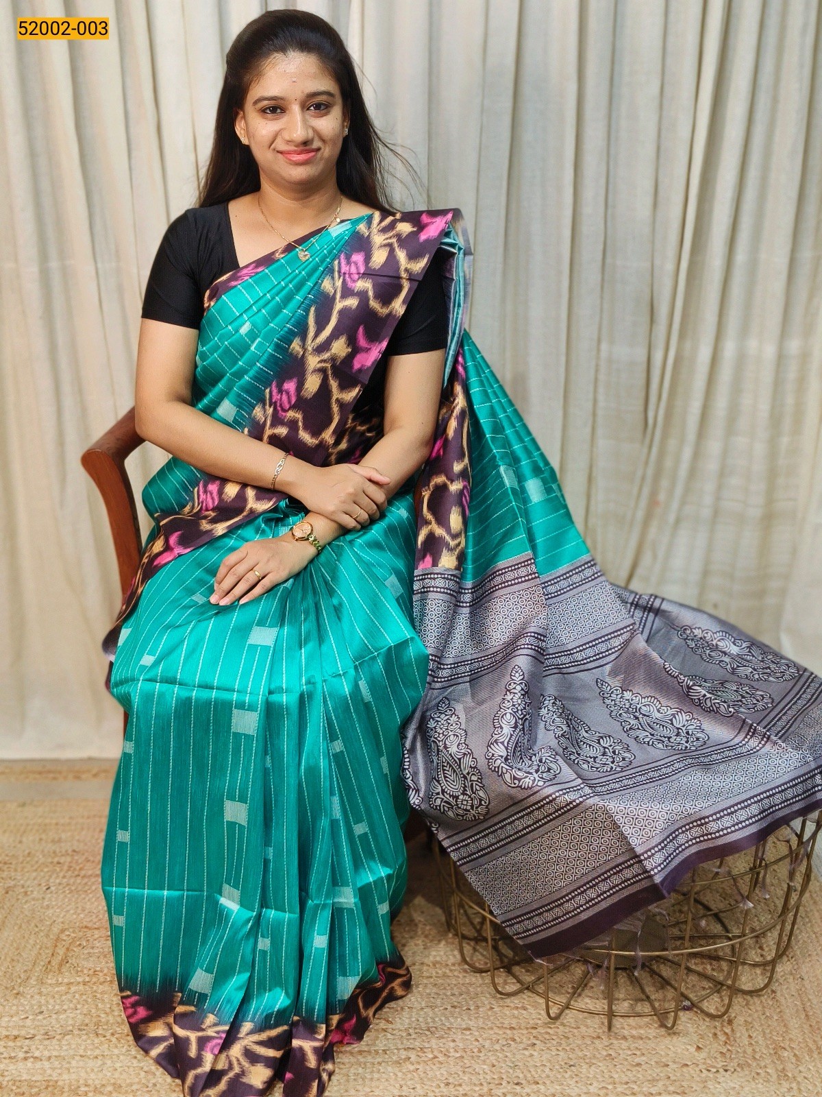 Blue Printed Linen Jute Silk Saree