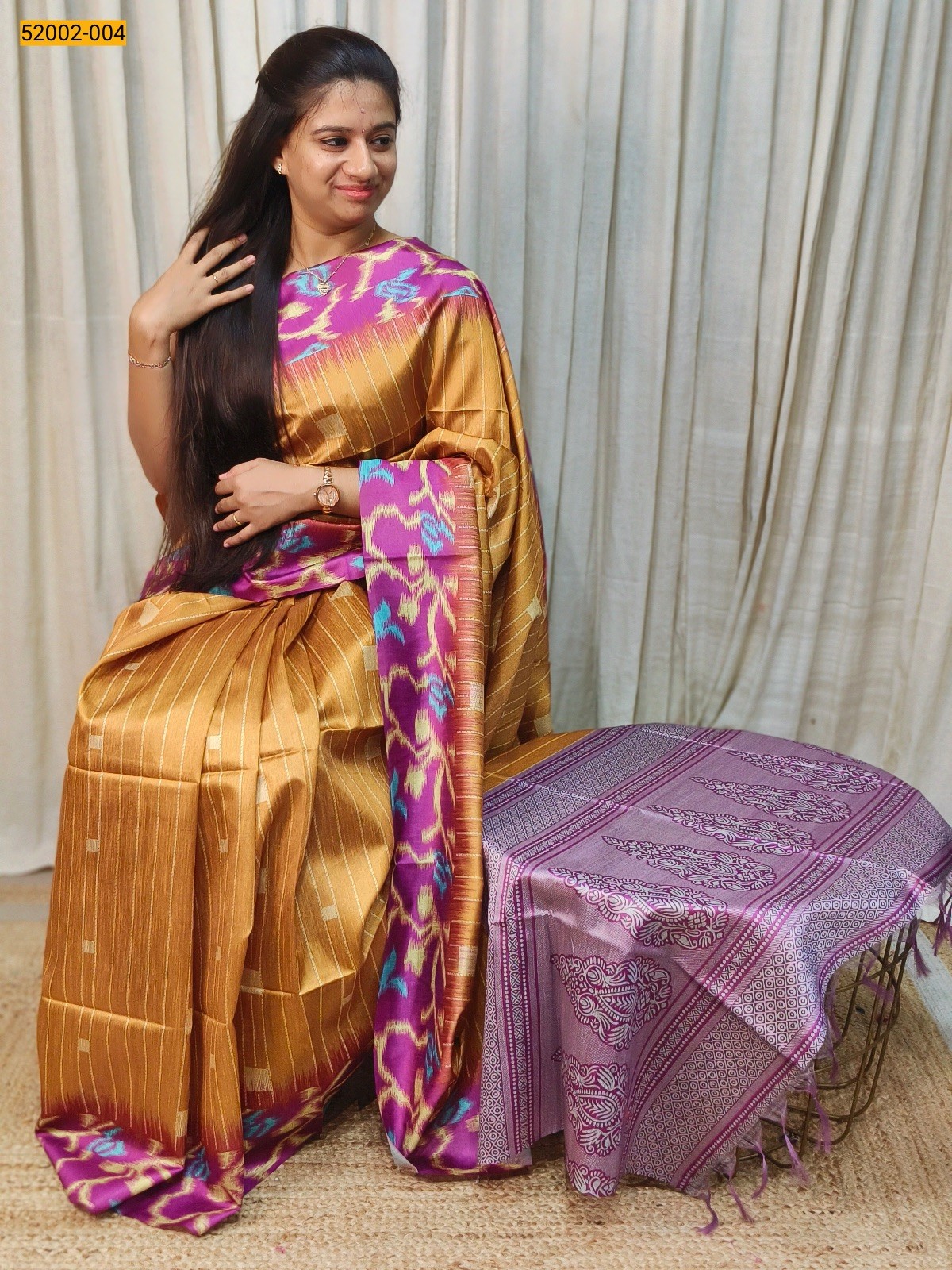 Mustred Yellow Printed Linen Jute Silk Saree