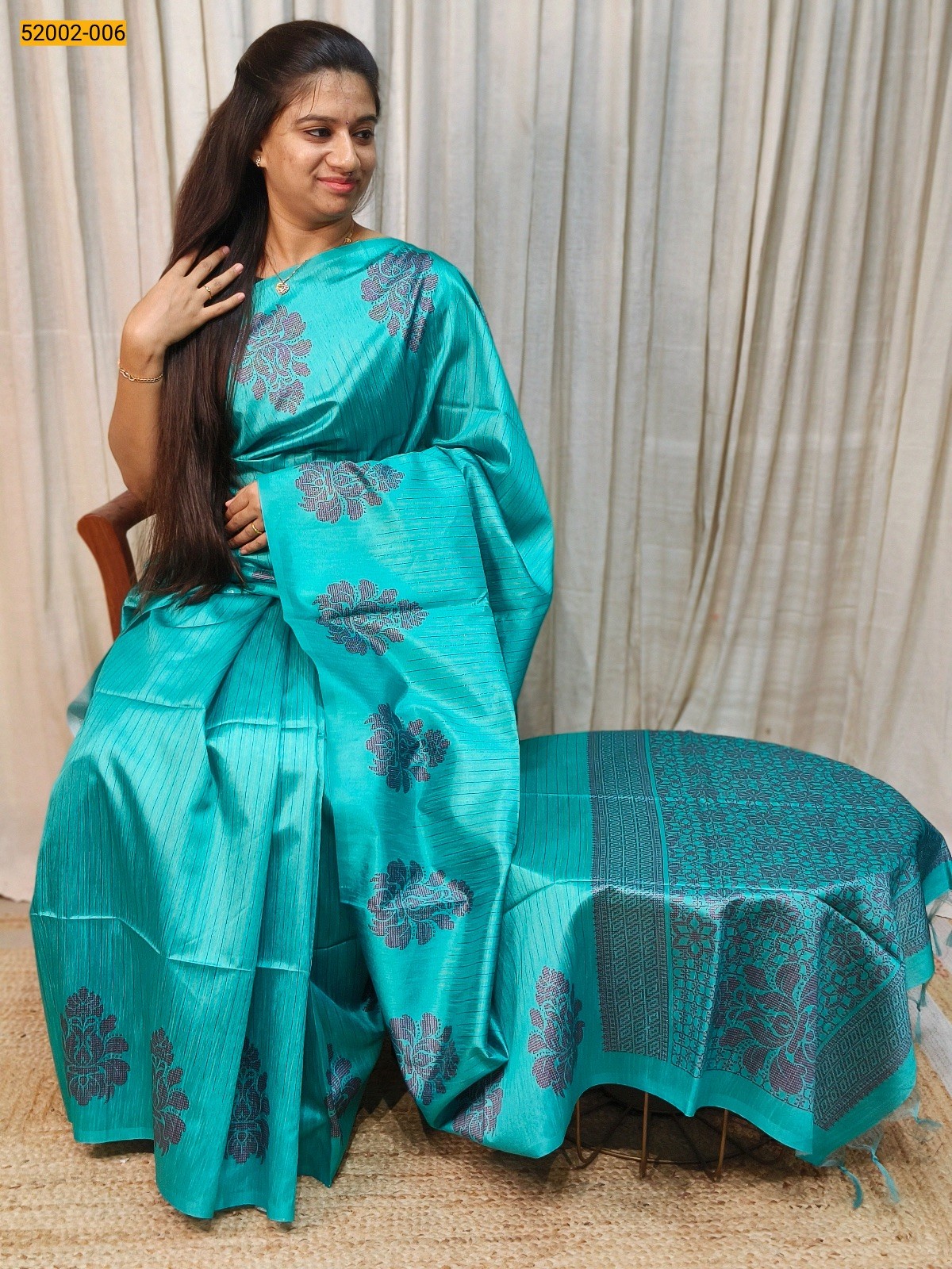 Sky Blue Printed Linen Jute Silk Saree