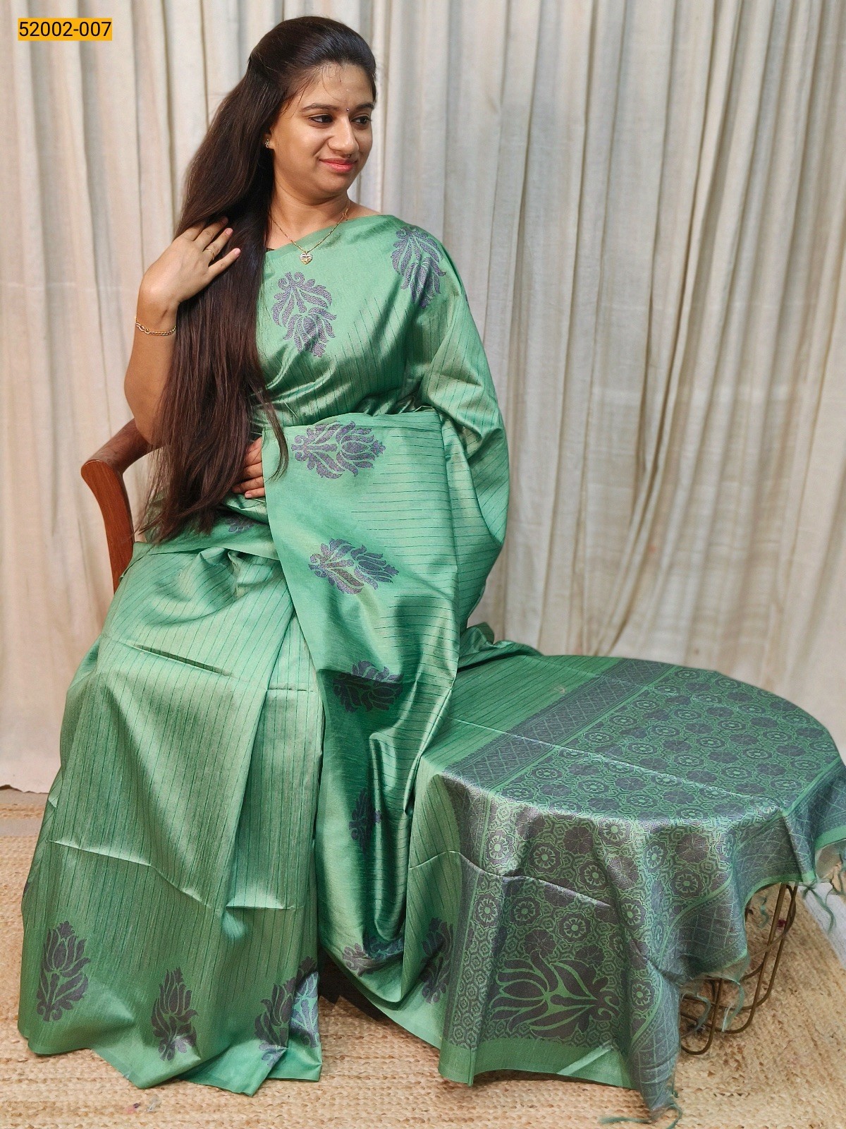 Sea Green Printed Linen Jute Silk Saree