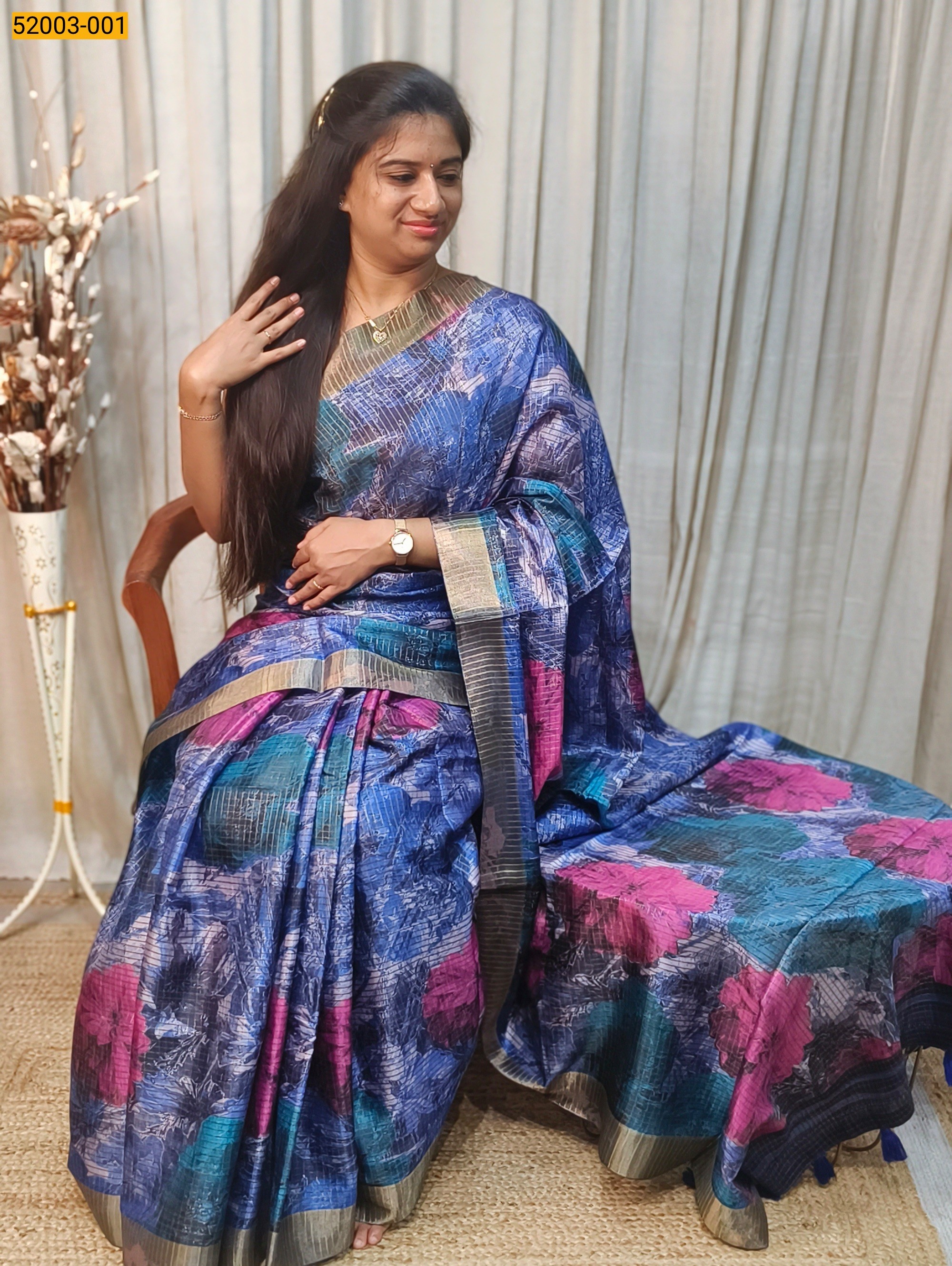 Blue Digital Floral Printed Silk Saree