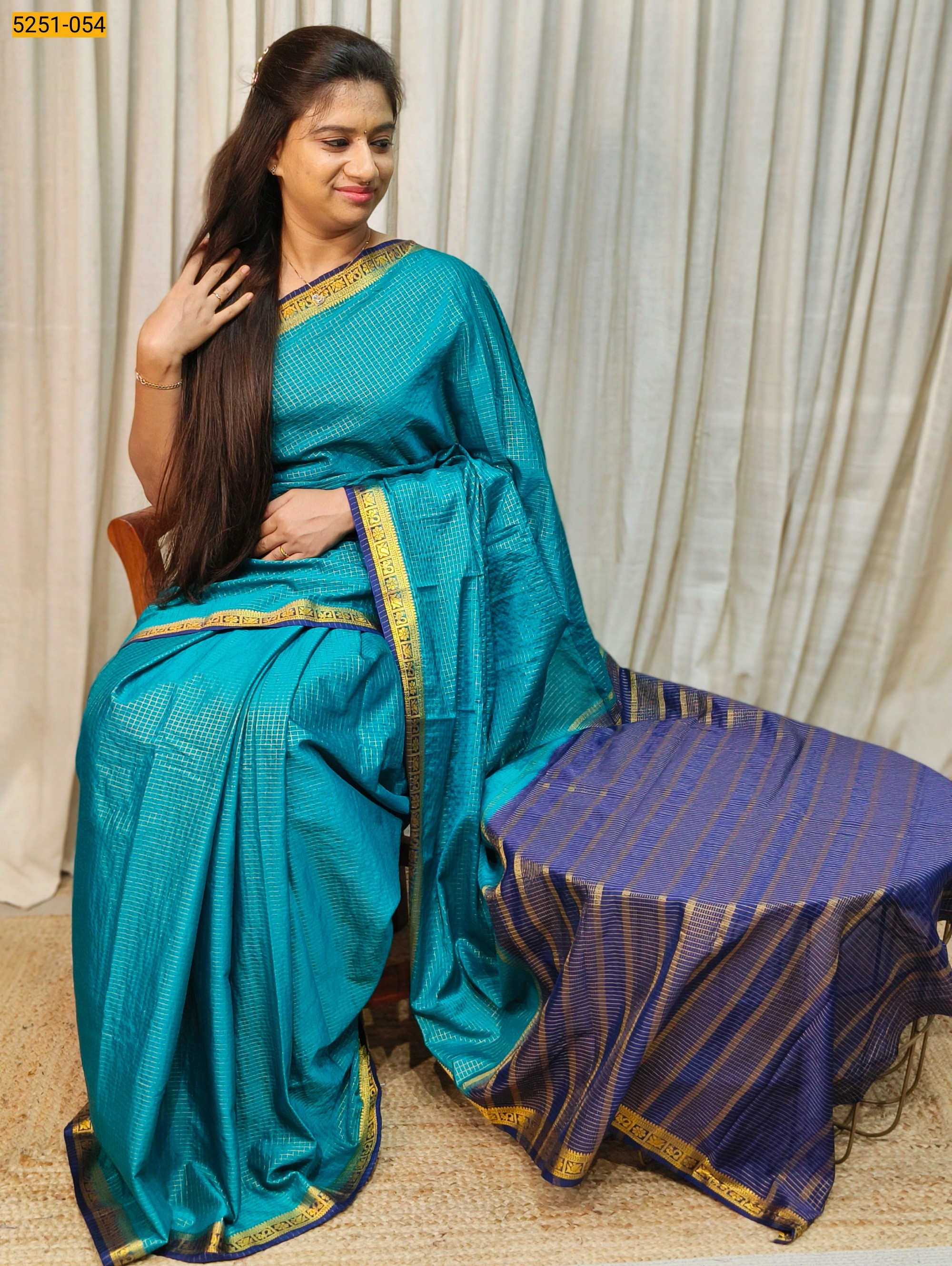 Rama Blue Fancy Mysore Crepe Silk Saree