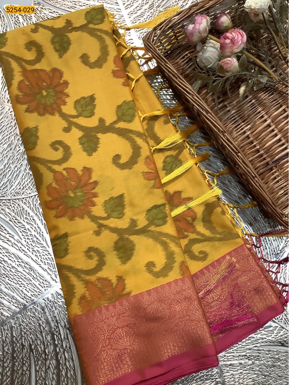 Mustard Pochampally Ikkat Print Soft Silk Saree