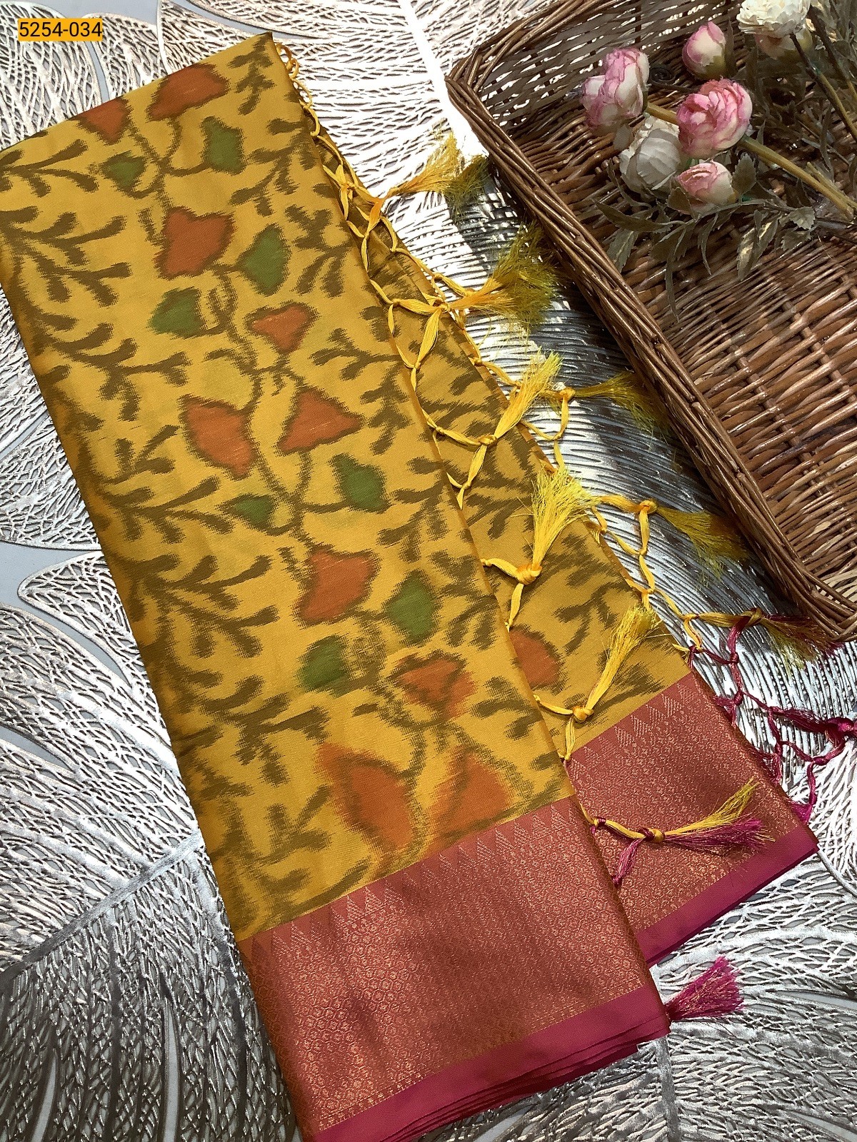 Mustard Pochampally Ikkat Print Soft Silk Saree