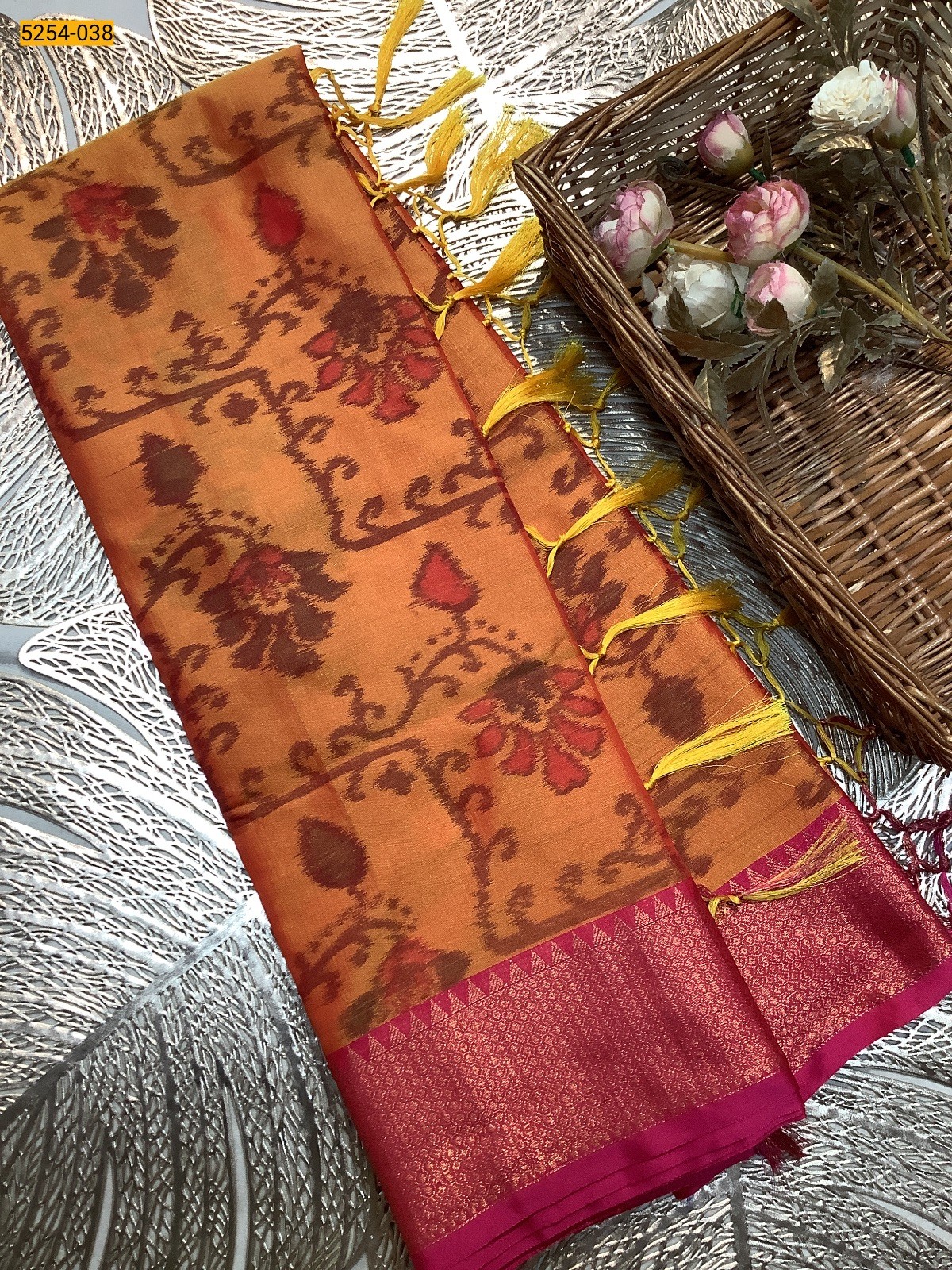 Mustard Pochampally Ikkat Print Soft Silk Saree