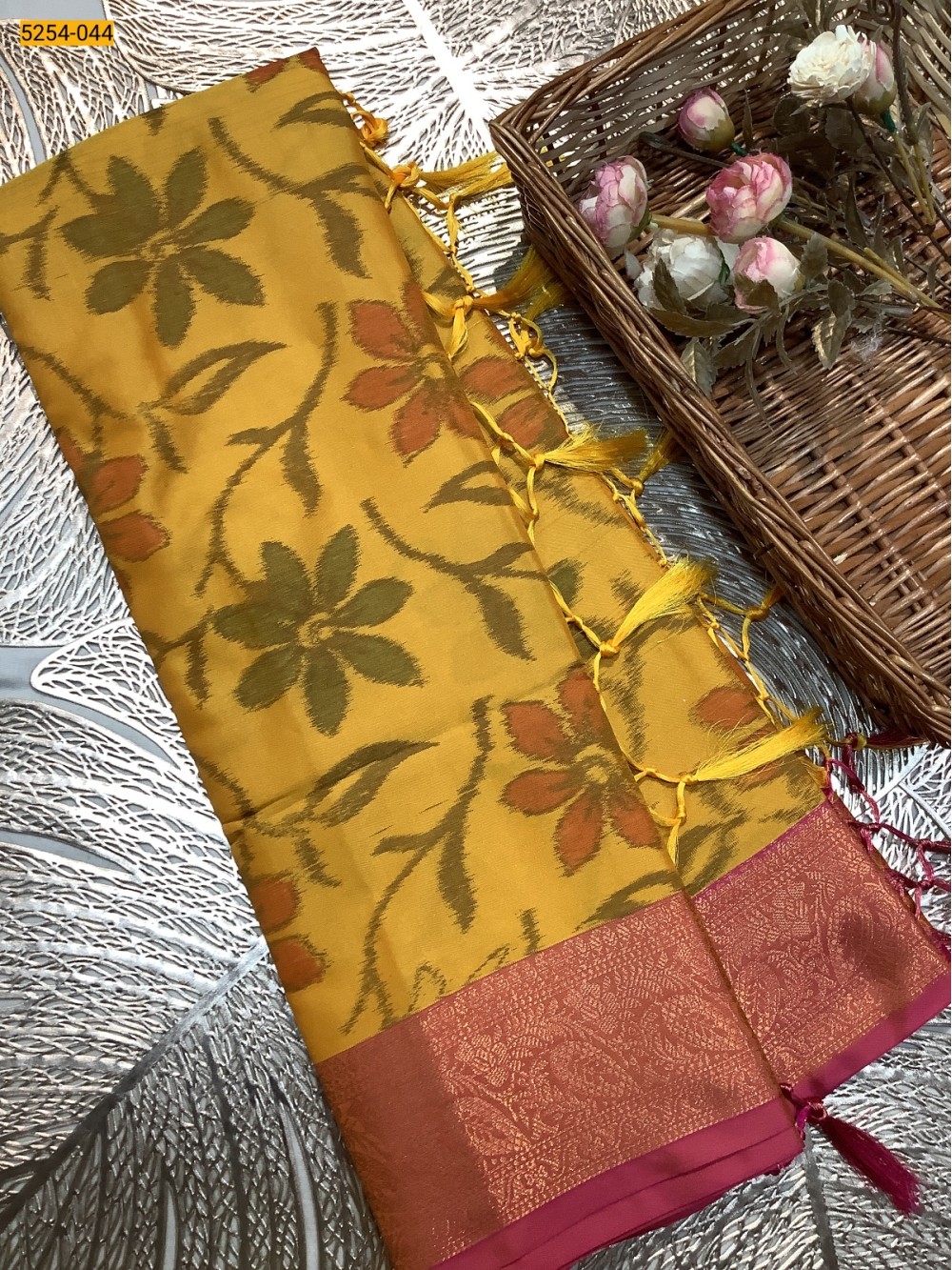 Mustard Pochampally Ikkat Print Soft Silk Saree