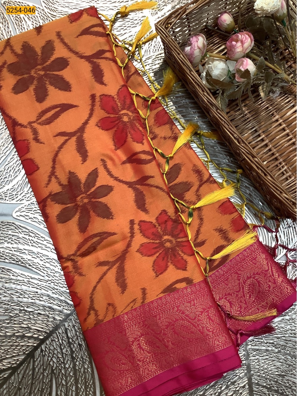 Orange Pochampally Ikkat Print Soft Silk Saree