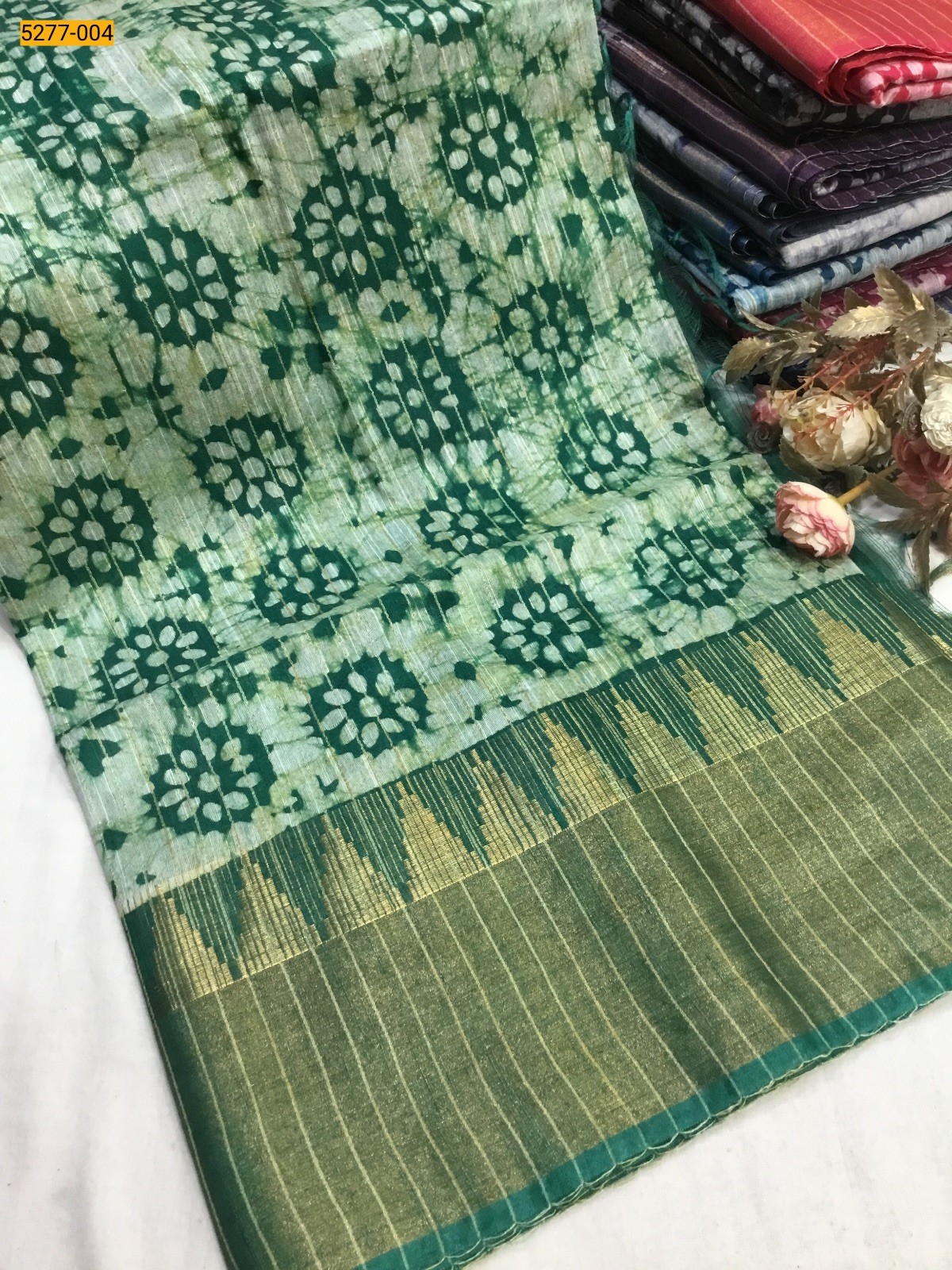 Green Linen Cotton Stripes Mangalgiri Saree