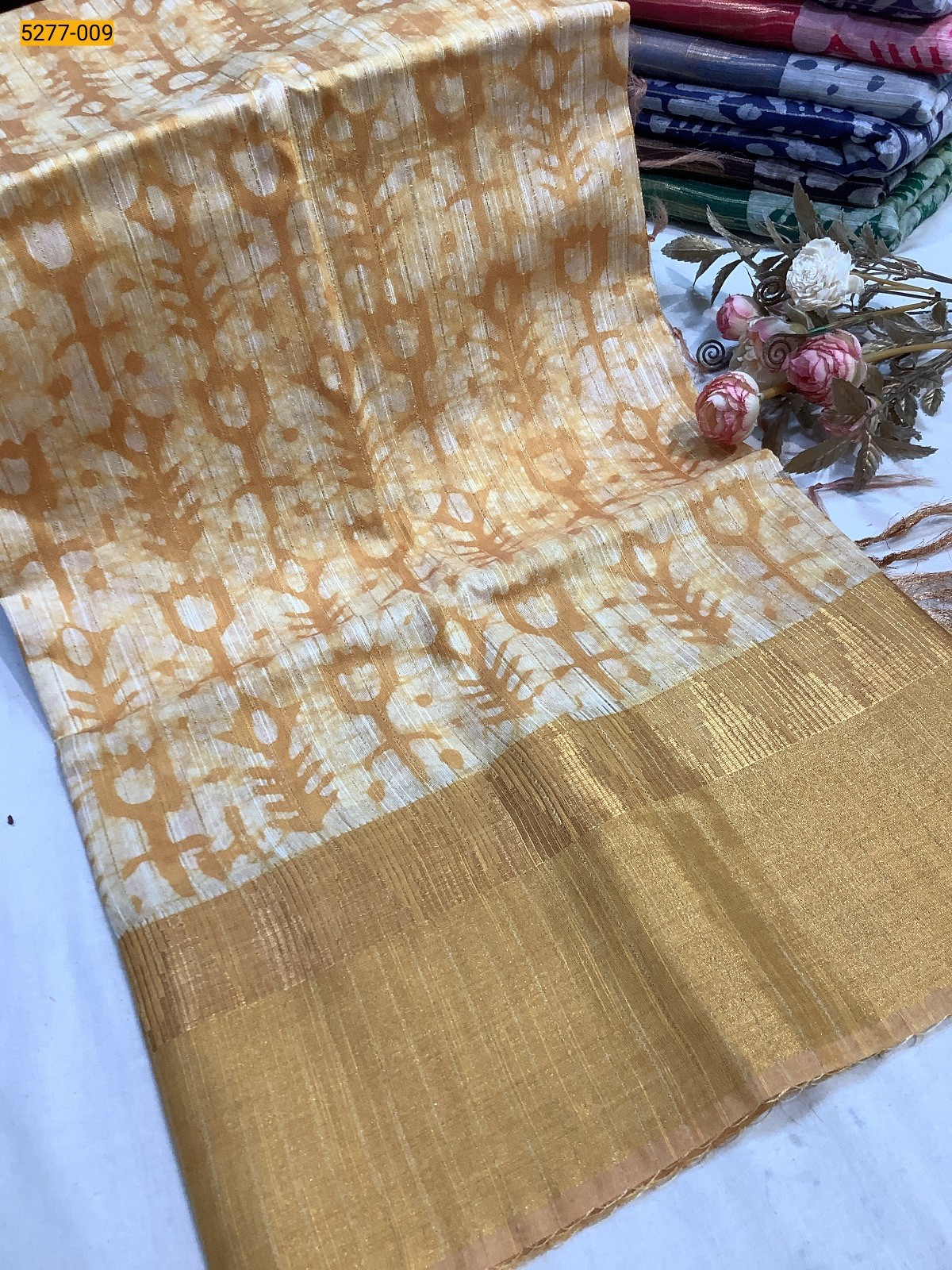 Yellow Linen Cotton Stripes Mangalgiri Saree