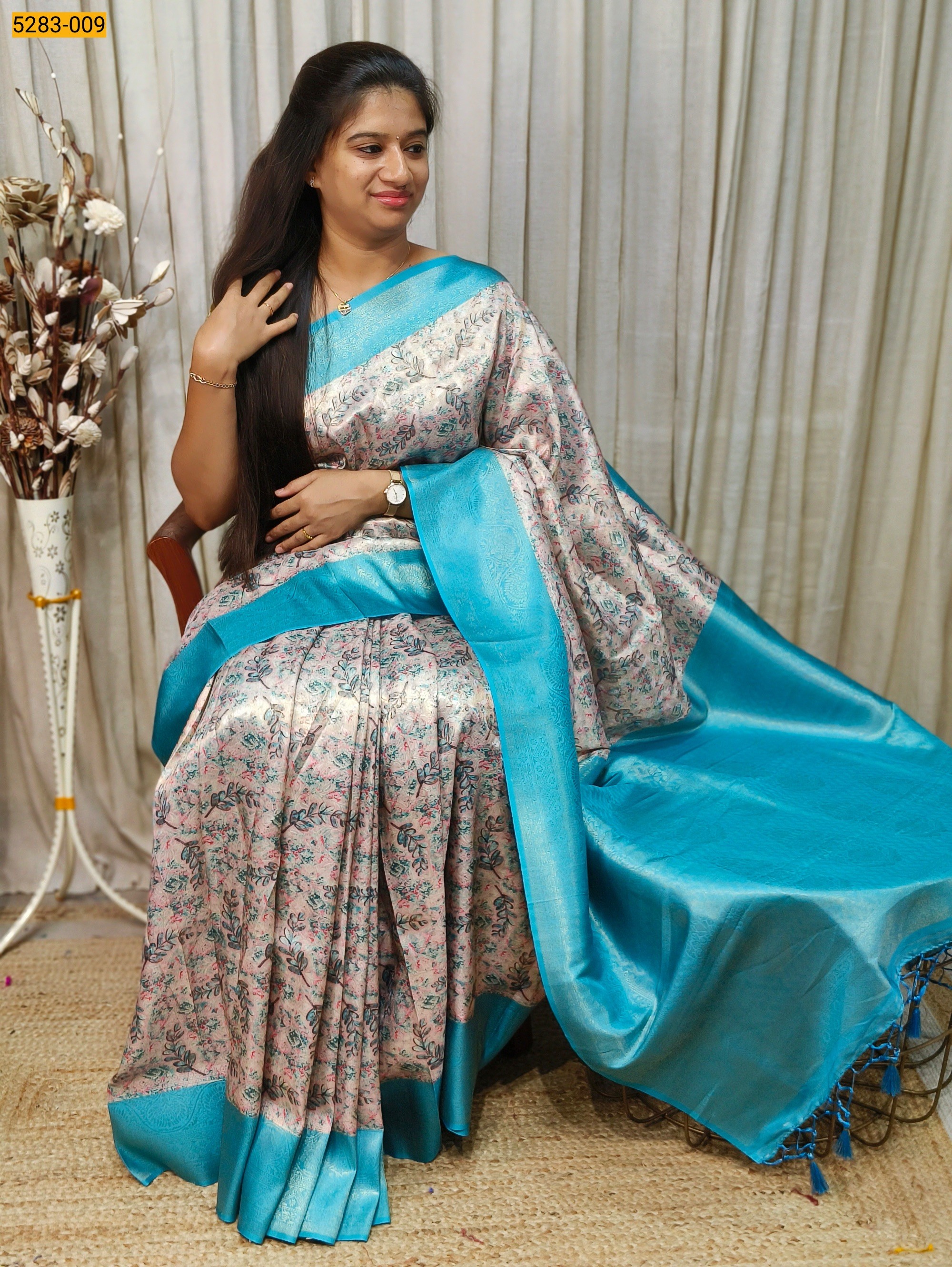 Sky Blue Digital Print Banarasi Soft Silk Saree