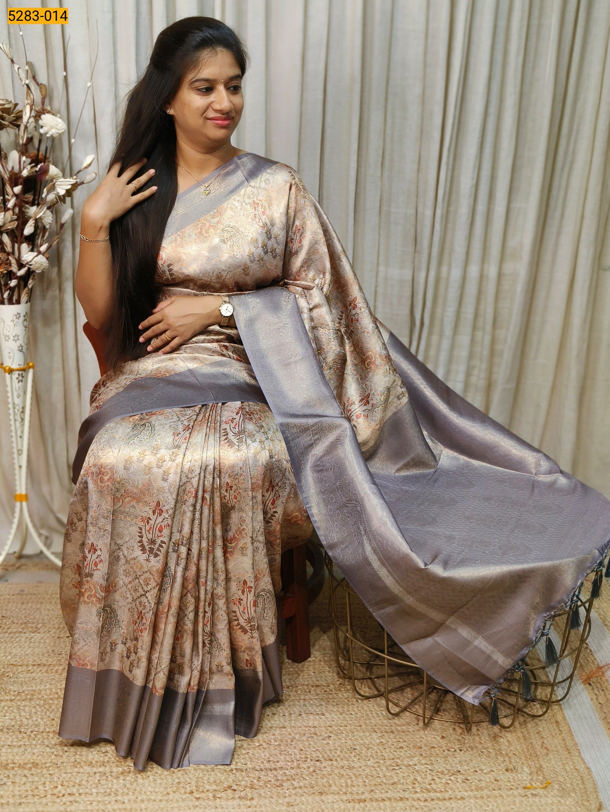 Gray Digital Print Banarasi Soft Silk Saree