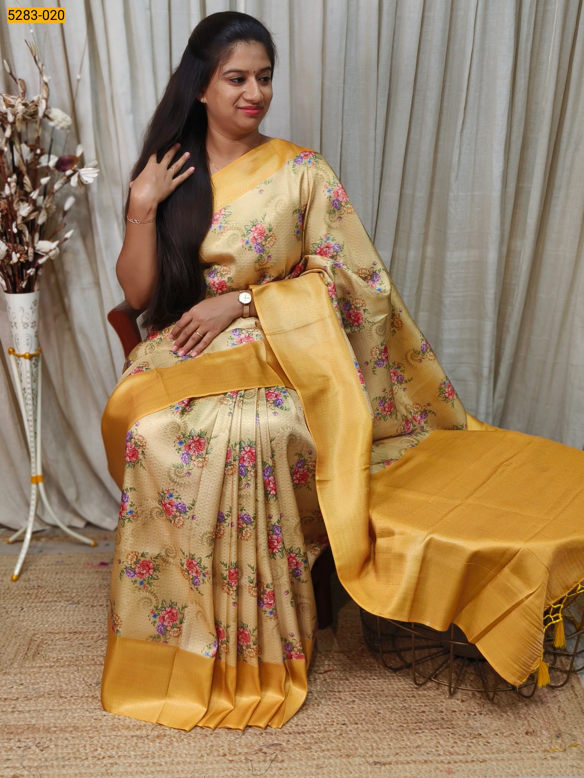 Yellow Digital Print Banarasi Soft Silk Saree