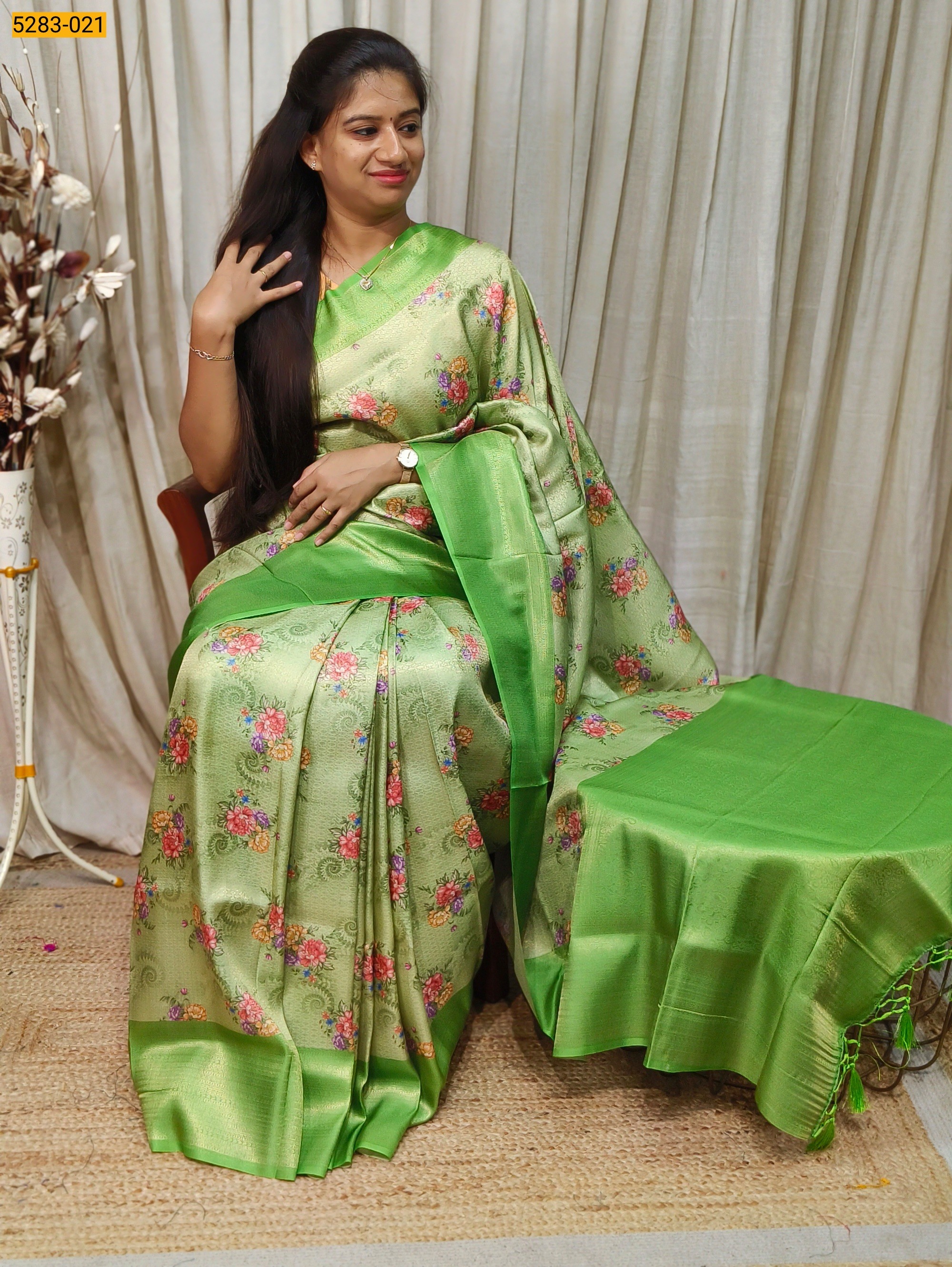 Parrot Green Digital Print Banarasi Soft Silk Saree