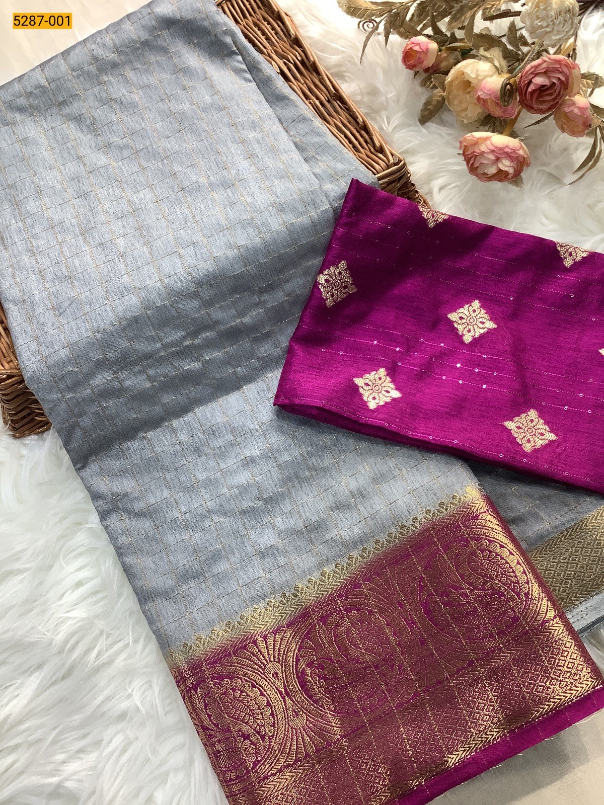 Gray Tussar Silk Grand Blouse Combo Saree