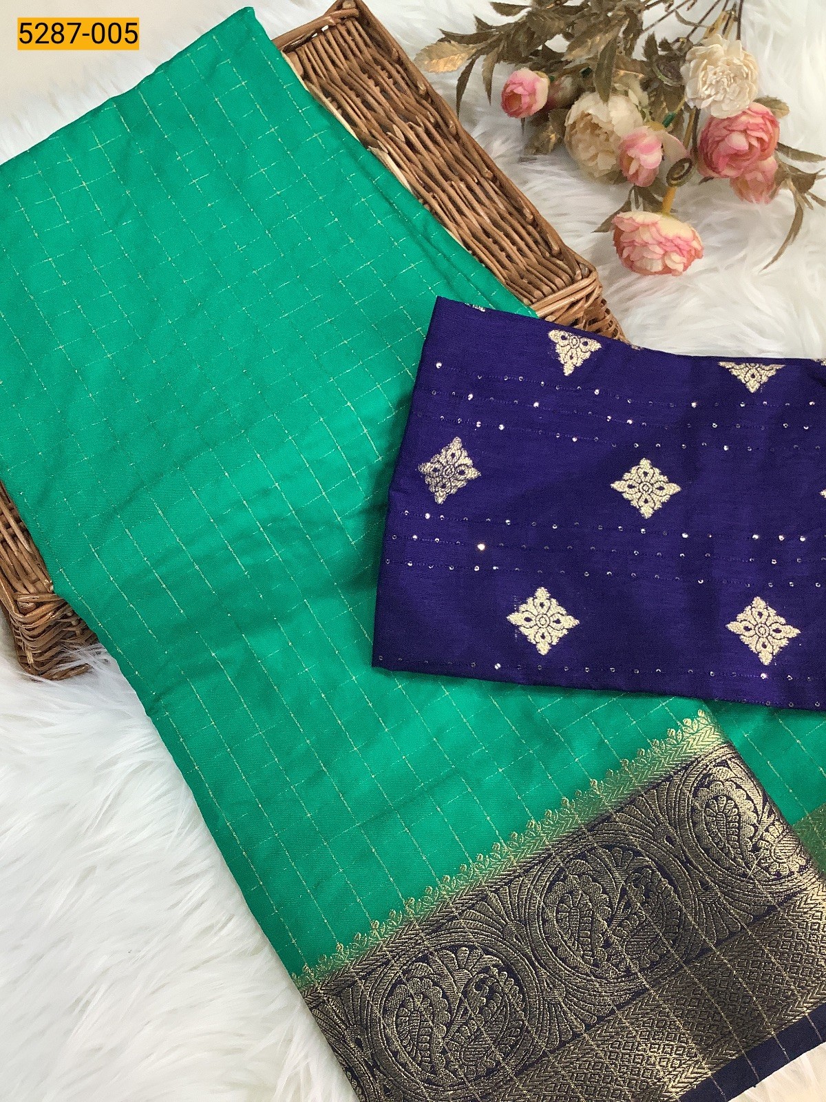 Rama Blue Tussar Silk Grand Blouse Combo Saree