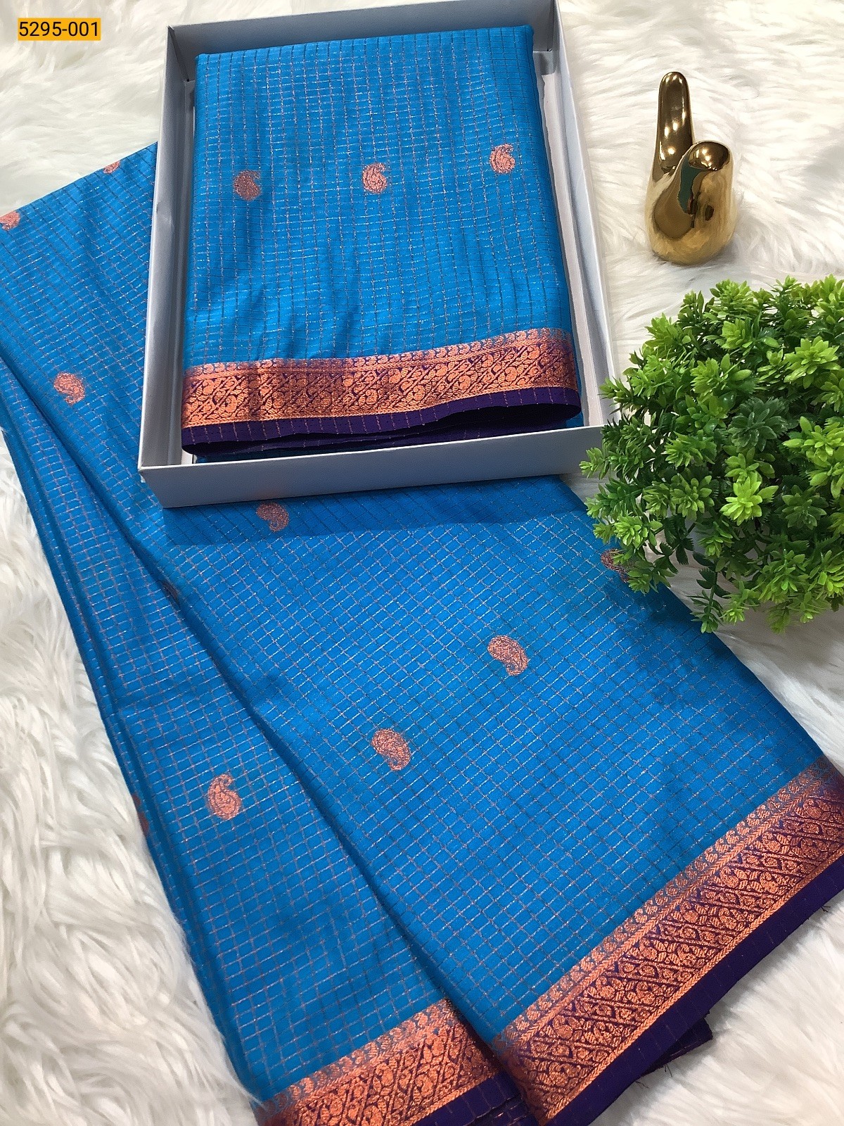 Sky Blue Fancy Mysore Crepe Silk Checked Butta Saree