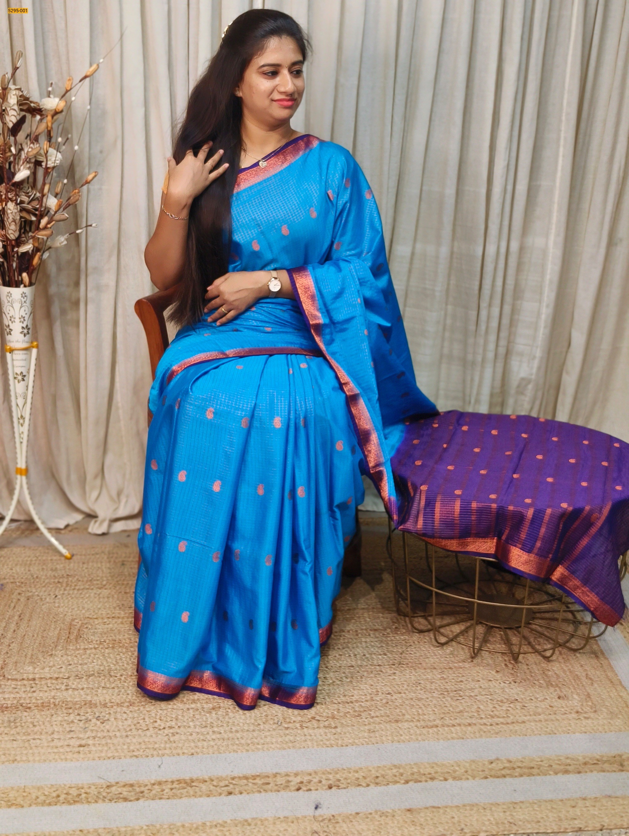 Sky Blue Fancy Mysore Crepe Silk Checked Butta Saree