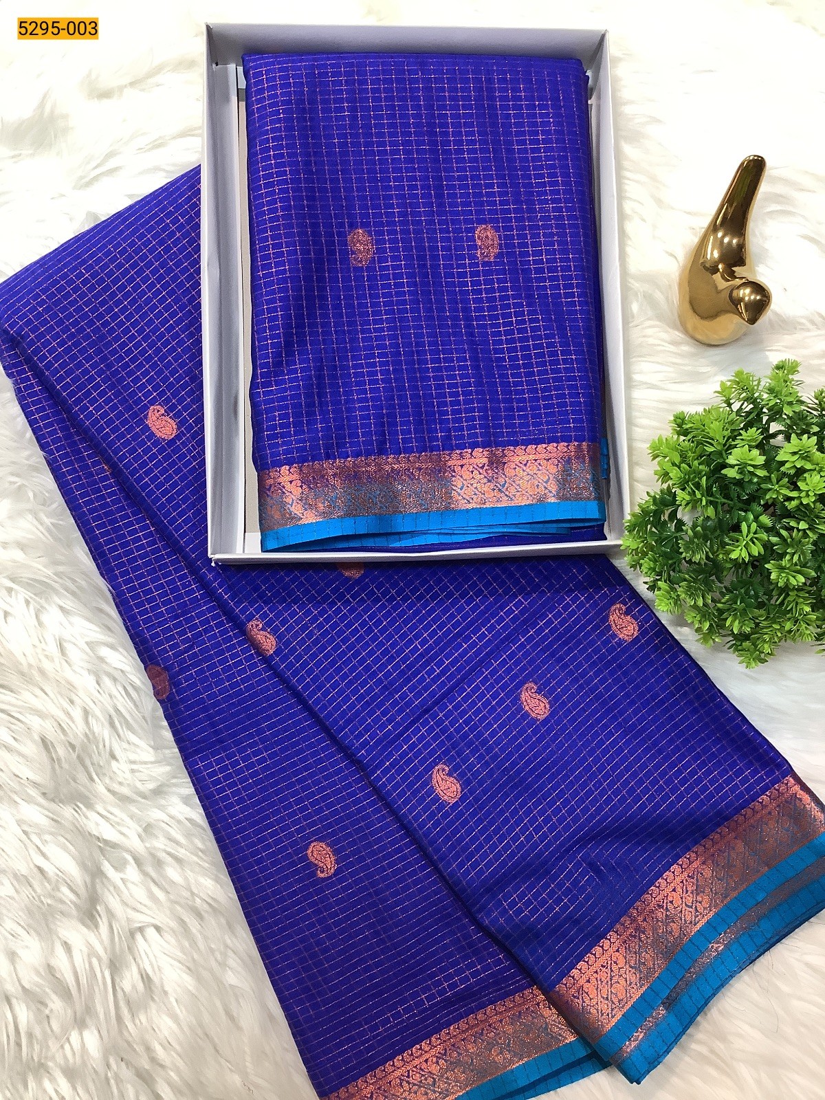 Blue Fancy Mysore Crepe Silk Checked Butta Saree