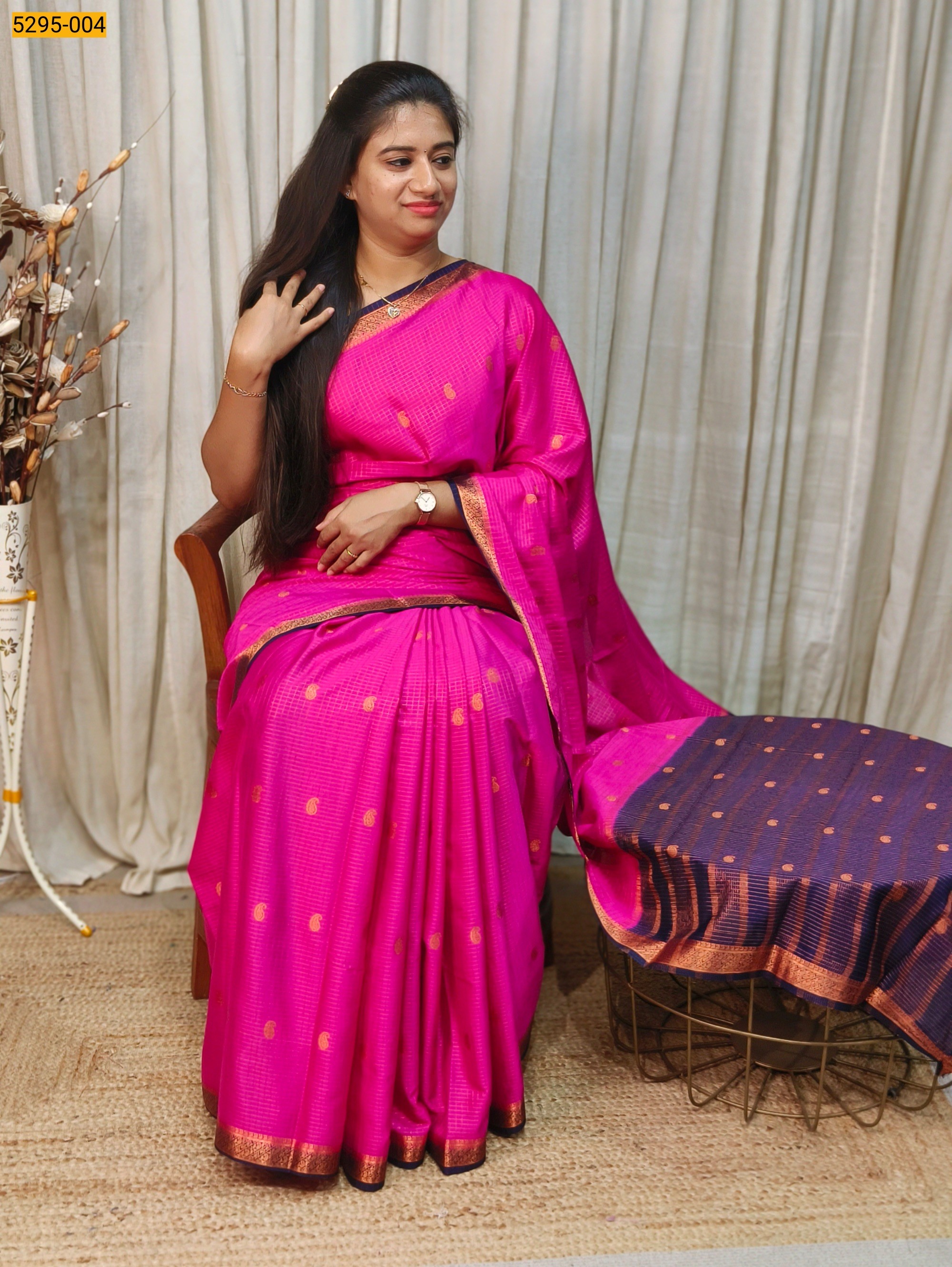 pink Fancy Mysore Crepe Silk Checked Butta Saree