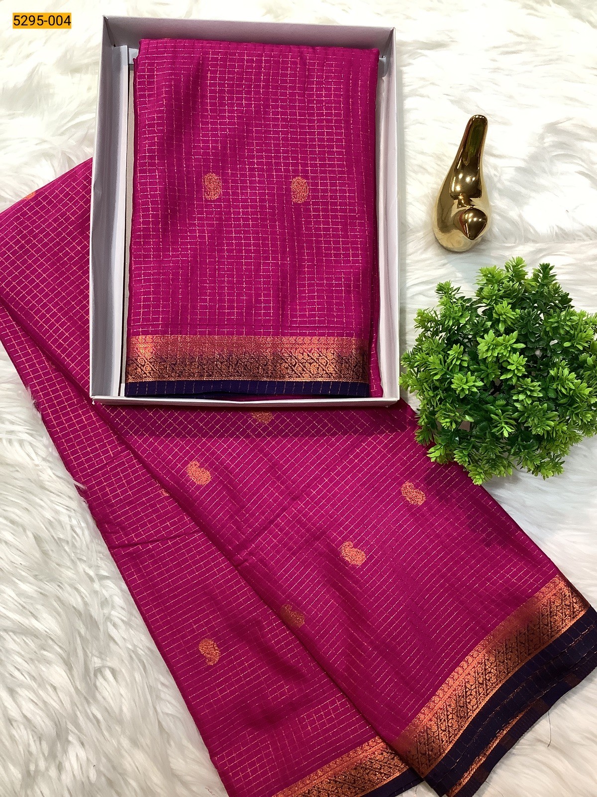 pink Fancy Mysore Crepe Silk Checked Butta Saree