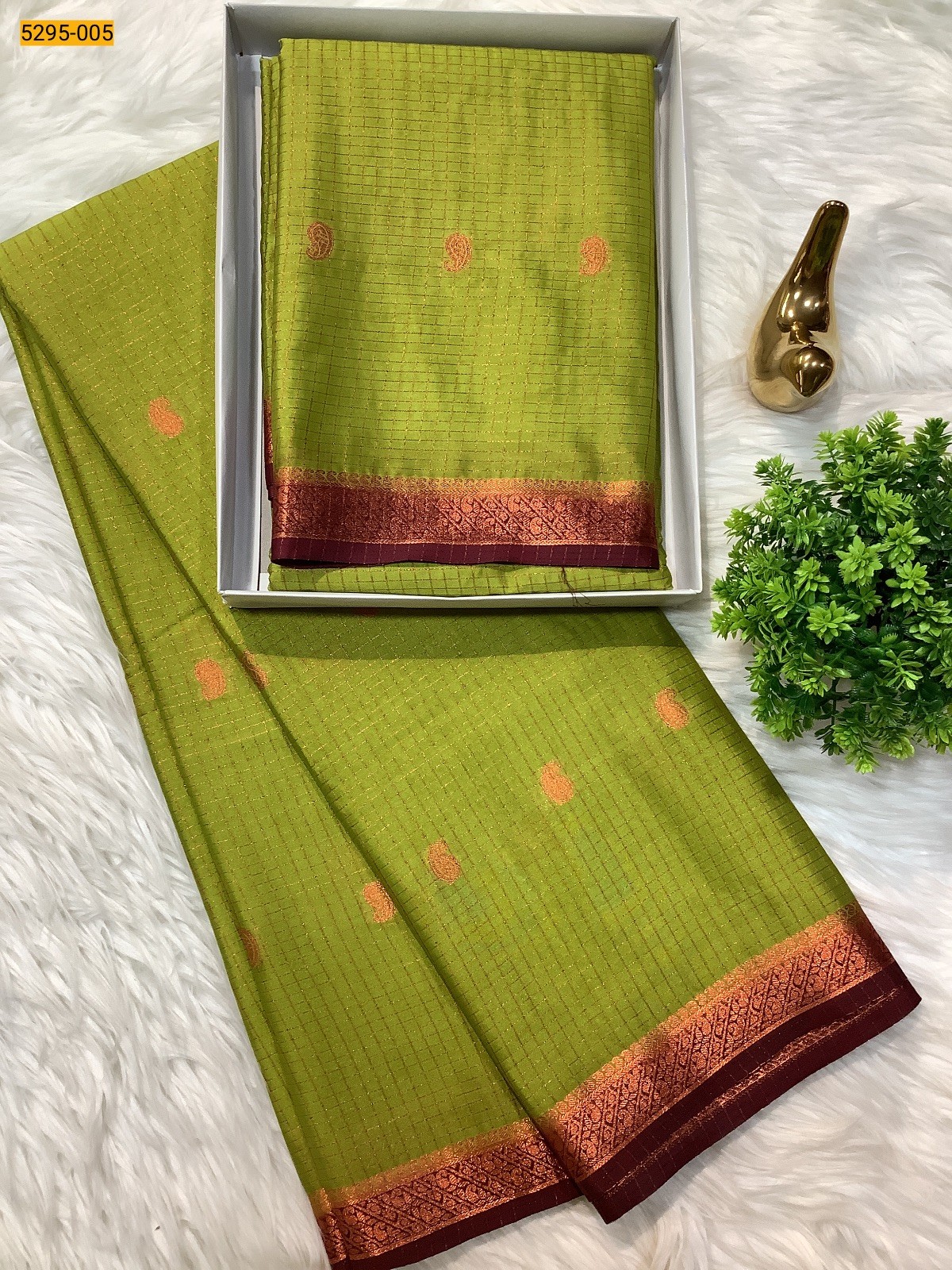 Light Green Fancy Mysore Crepe Silk Checked Butta Saree