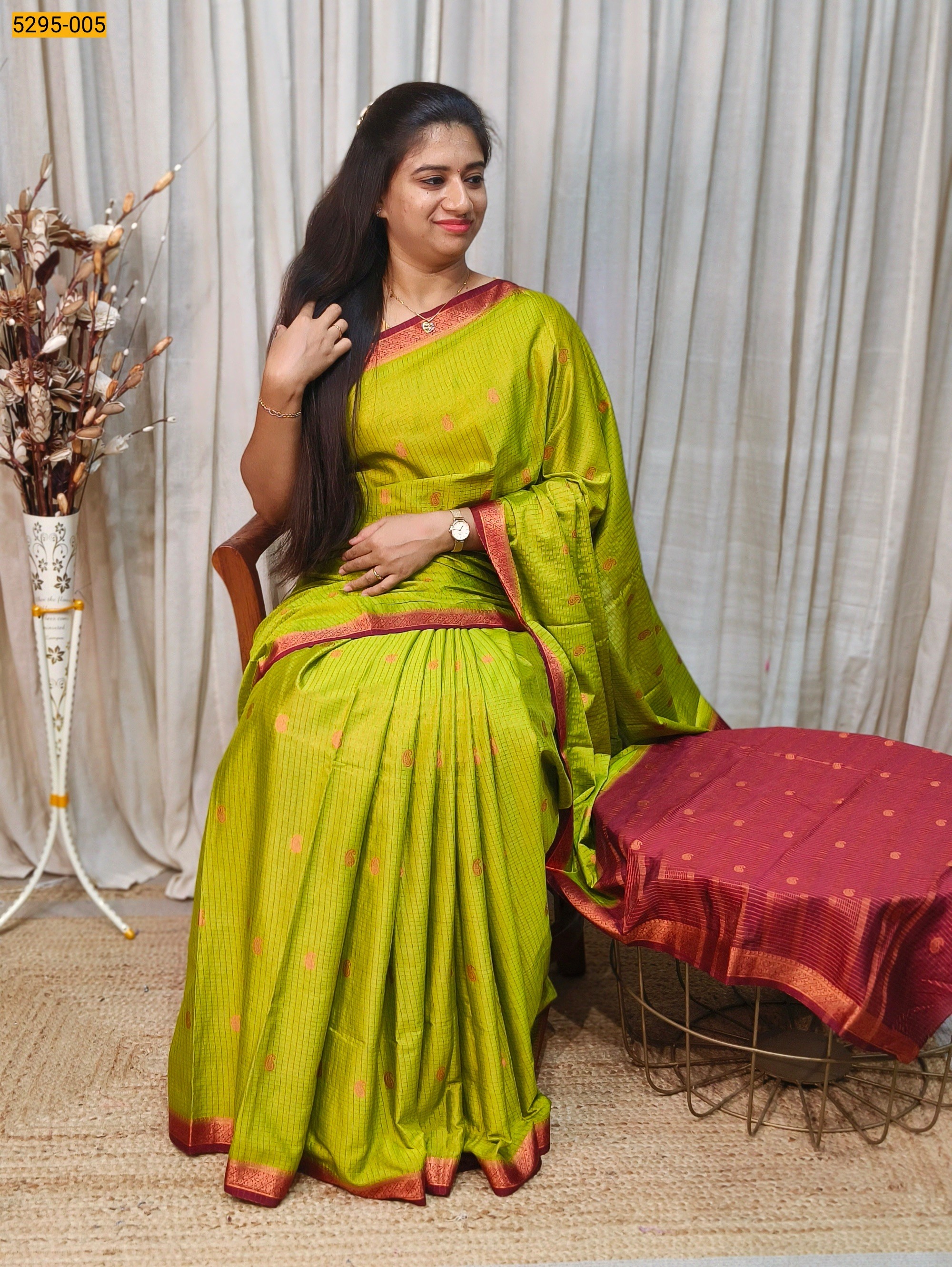 Light Green Fancy Mysore Crepe Silk Checked Butta Saree