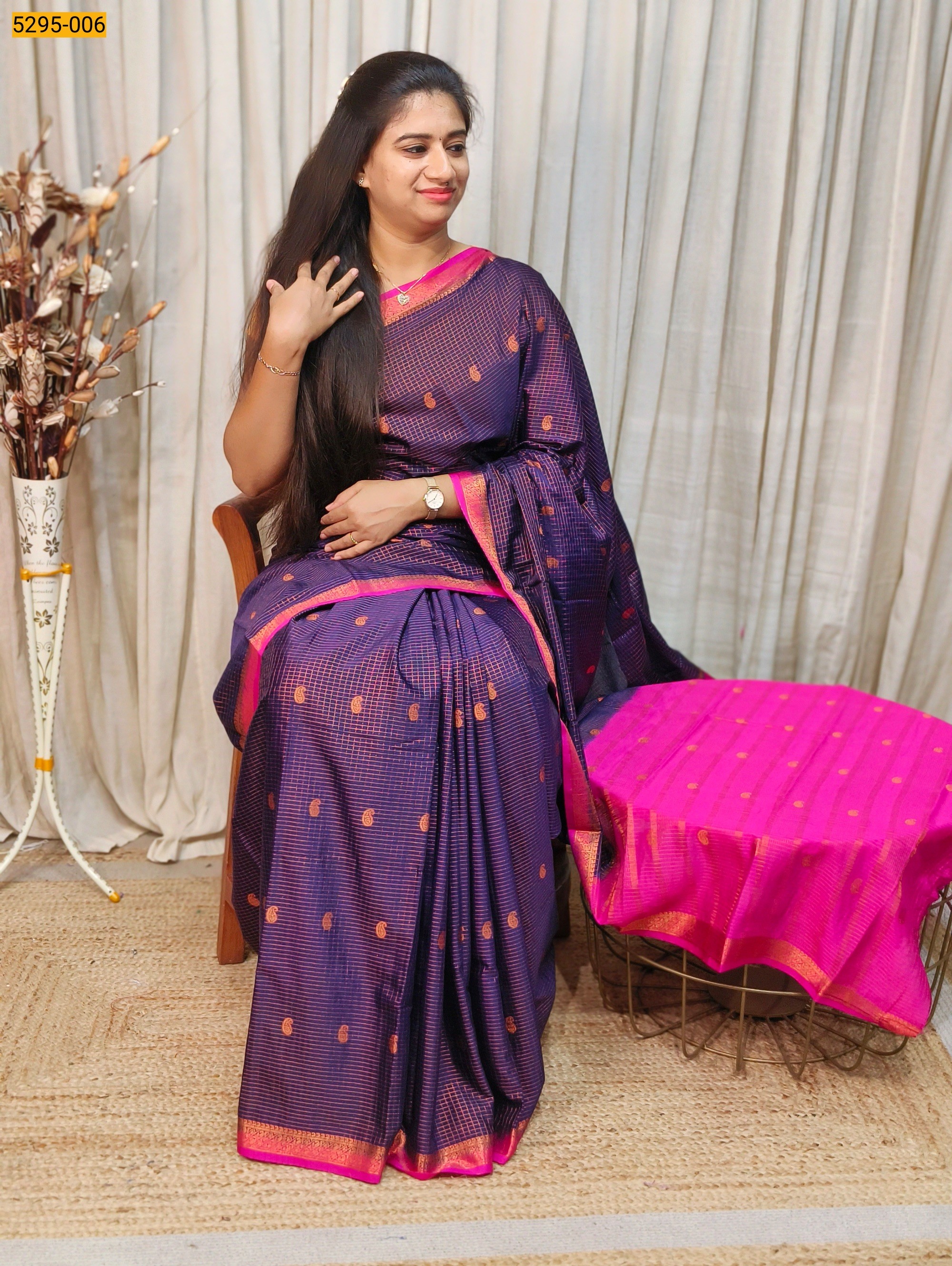 Navy Blue Fancy Mysore Crepe Silk Checked Butta Saree