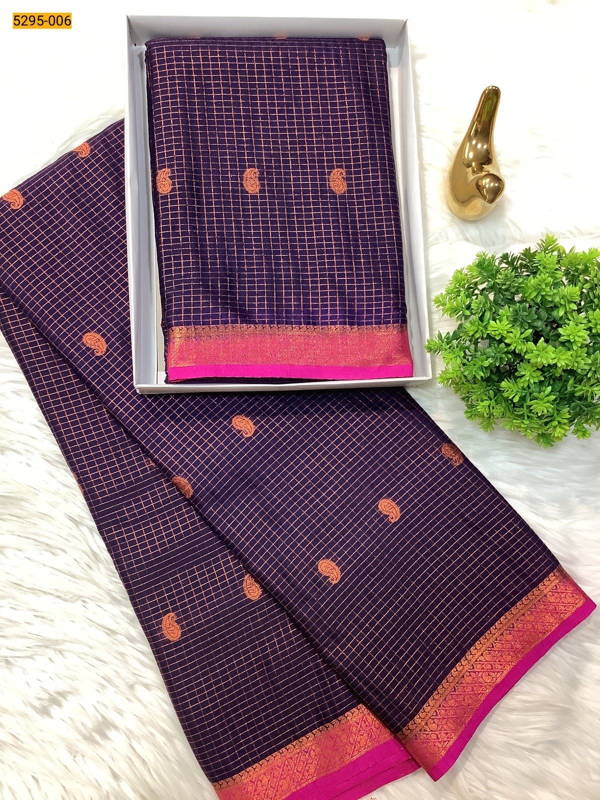 Navy Blue Fancy Mysore Crepe Silk Checked Butta Saree