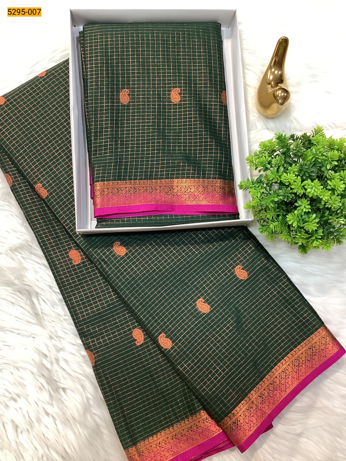 Green Fancy Mysore Crepe Silk Checked Butta Saree