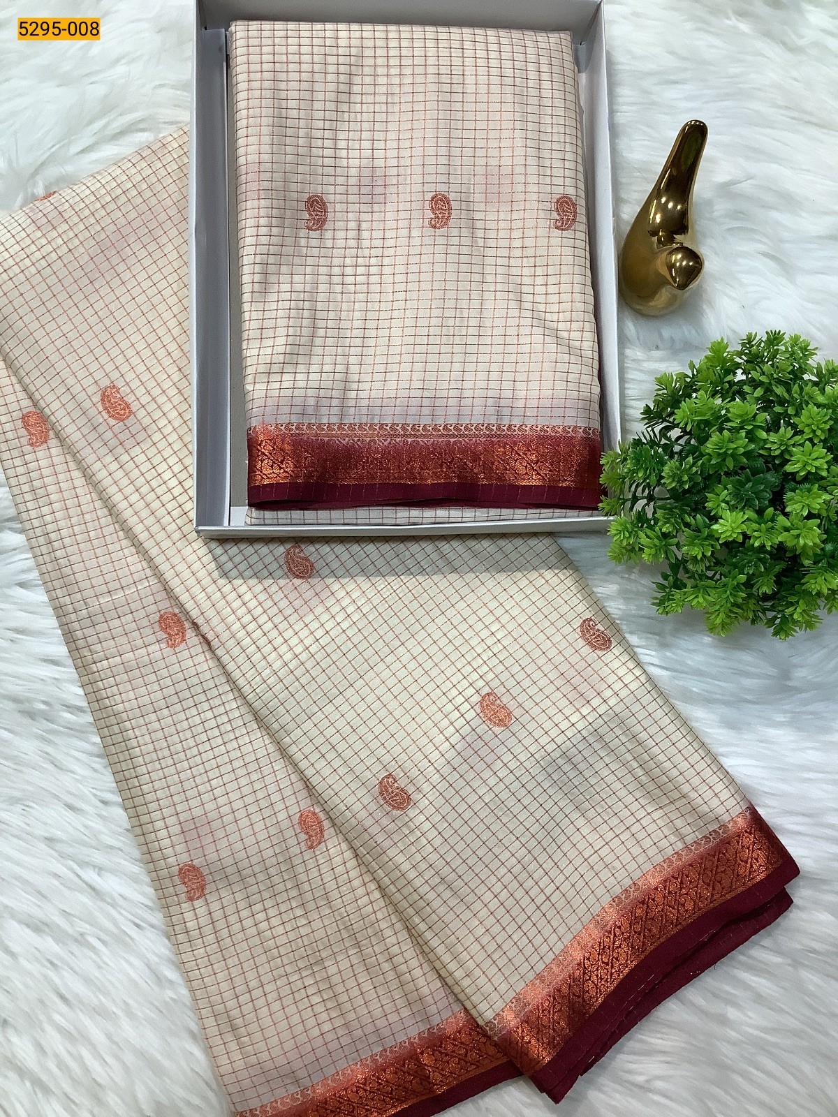 white Fancy Mysore Crepe Silk Checked Butta Saree