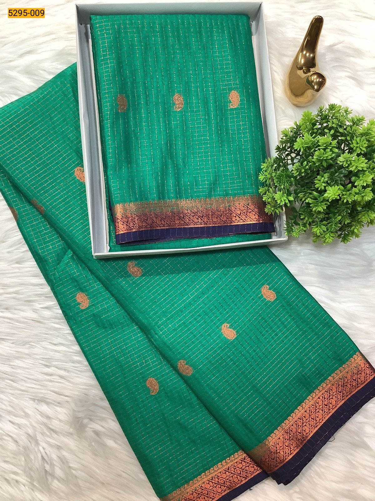 Green Fancy Mysore Crepe Silk Checked Butta Saree