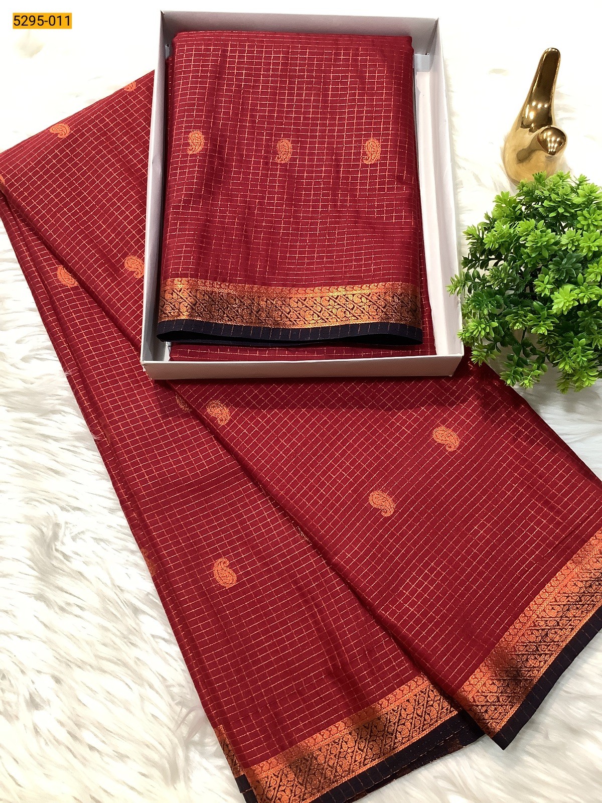 Red Fancy Mysore Crepe Silk Checked Butta Saree