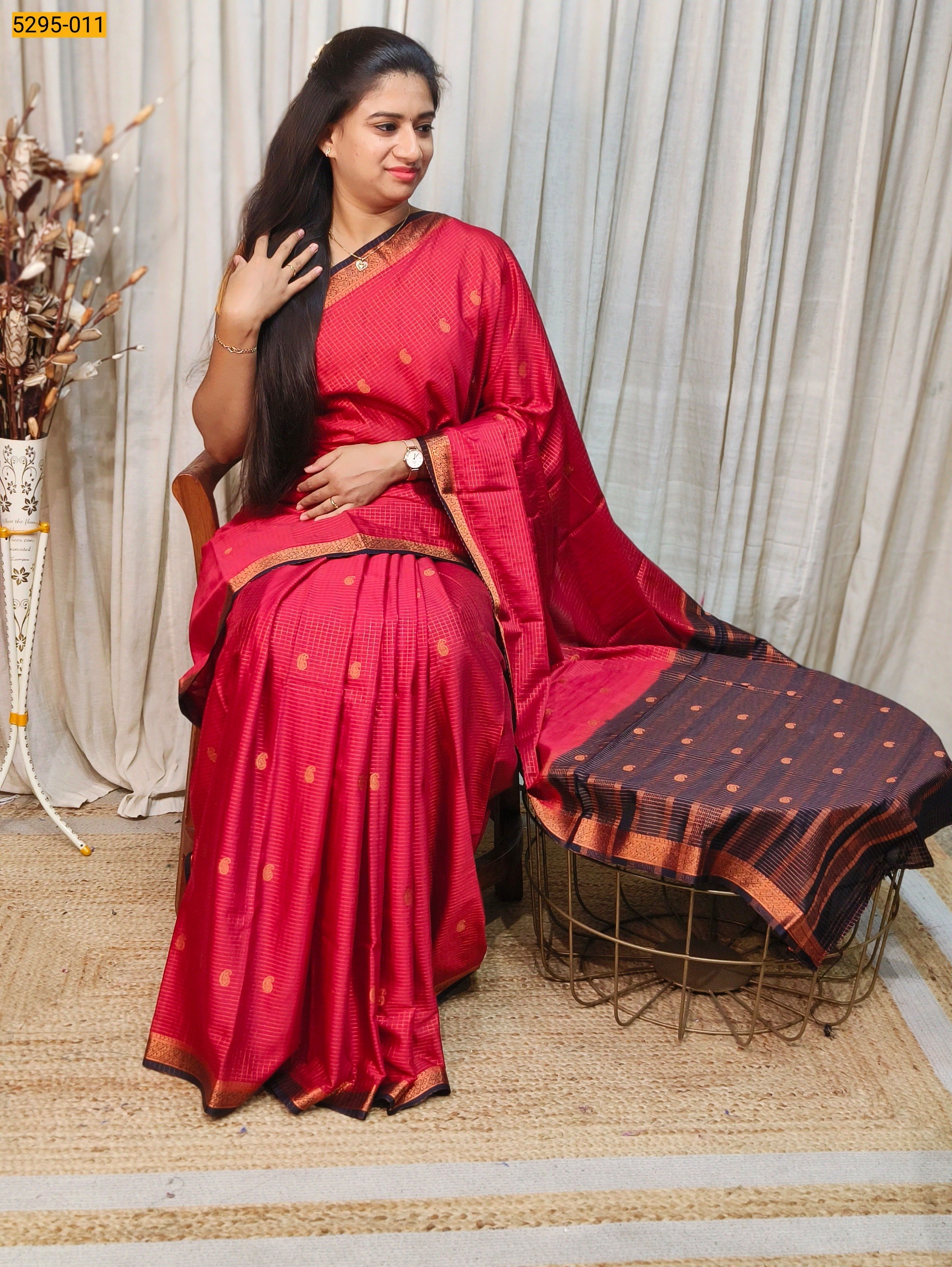 Red Fancy Mysore Crepe Silk Checked Butta Saree